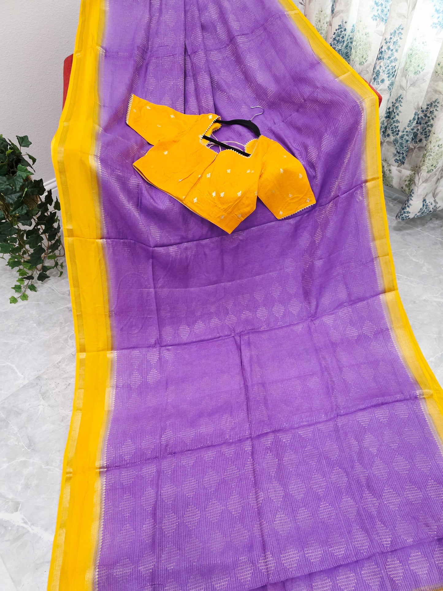 Royal Lavender Purple & Mustard Yellow Dola Viscose Crepe Silk Saree with Stitched Blouse