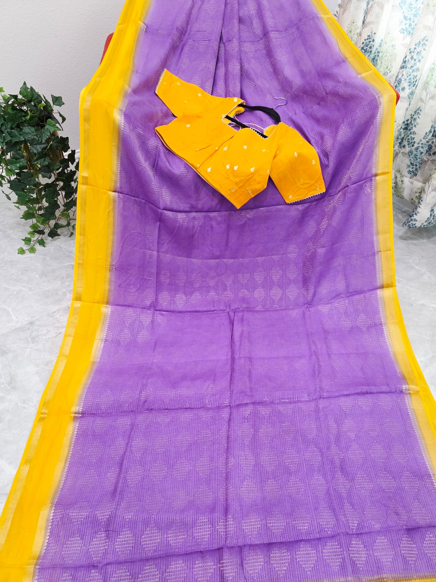 Royal Lavender Purple & Mustard Yellow Dola Viscose Crepe Silk Saree with Stitched Blouse