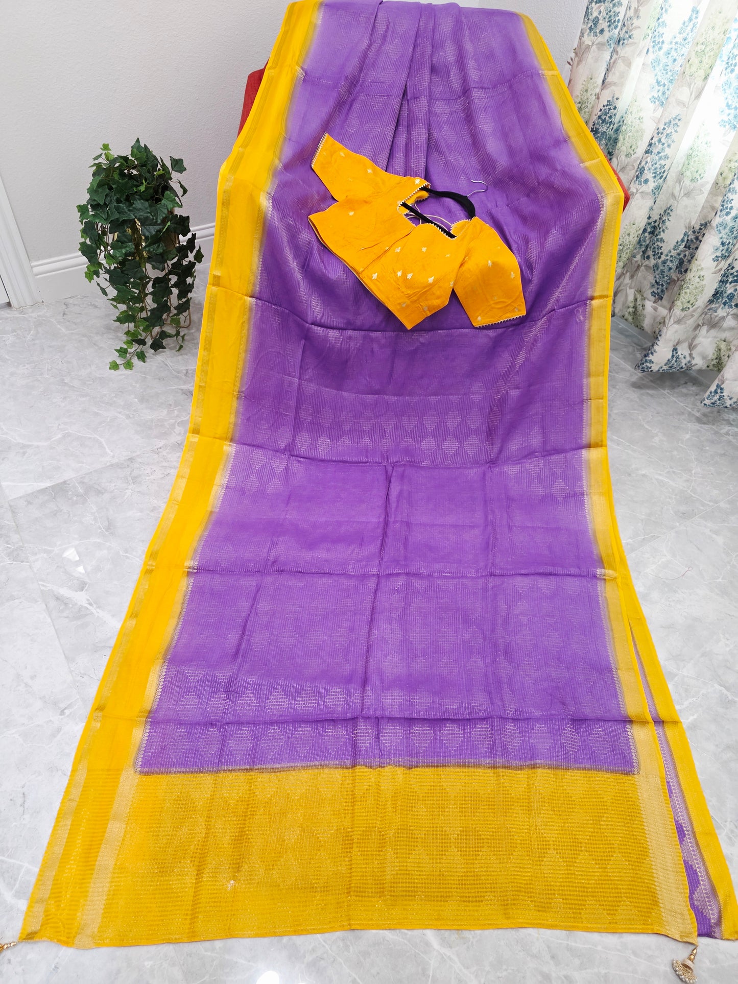 Royal Lavender Purple & Mustard Yellow Dola Viscose Crepe Silk Saree with Stitched Blouse