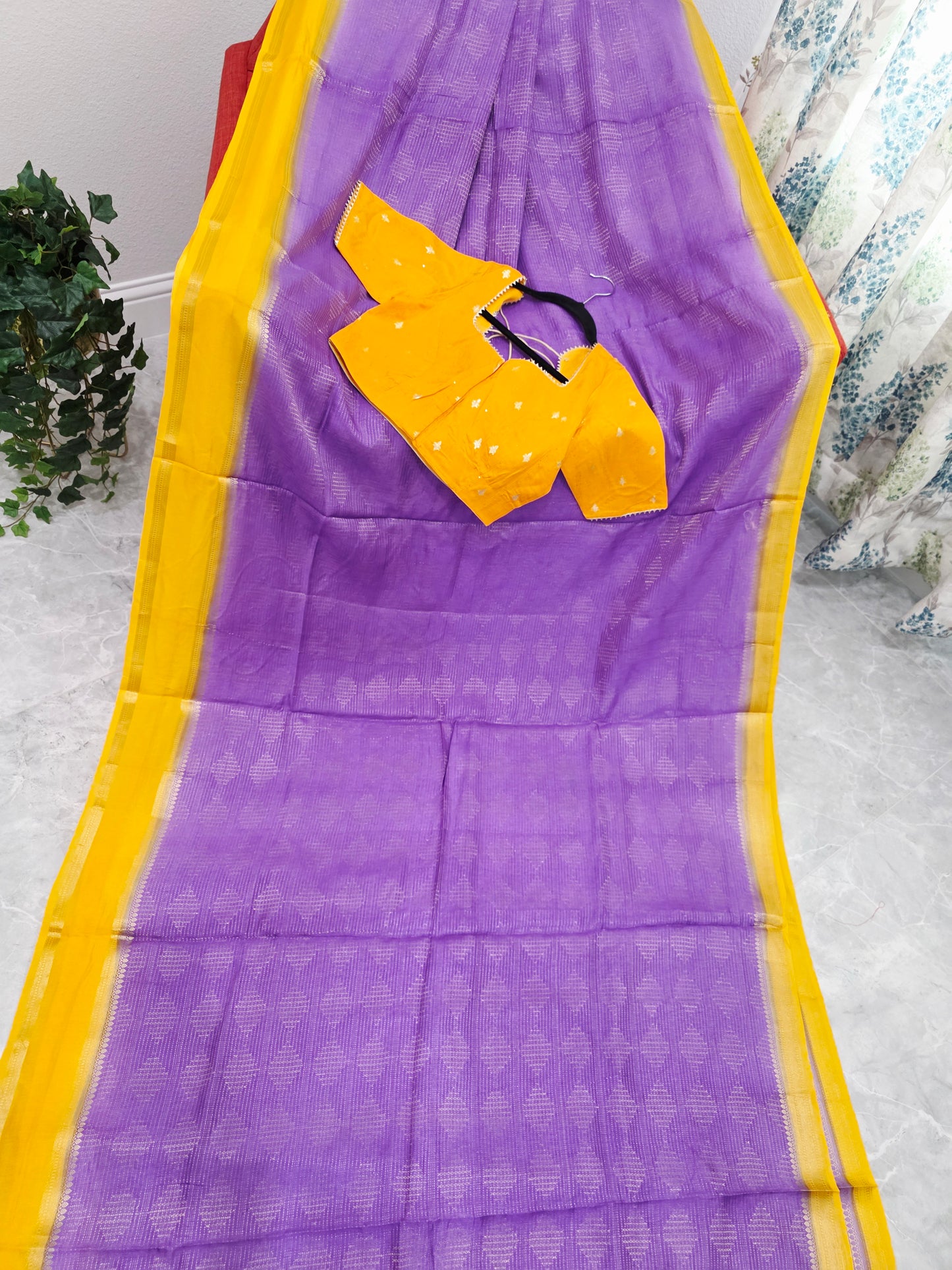 Royal Lavender Purple & Mustard Yellow Dola Viscose Crepe Silk Saree with Stitched Blouse