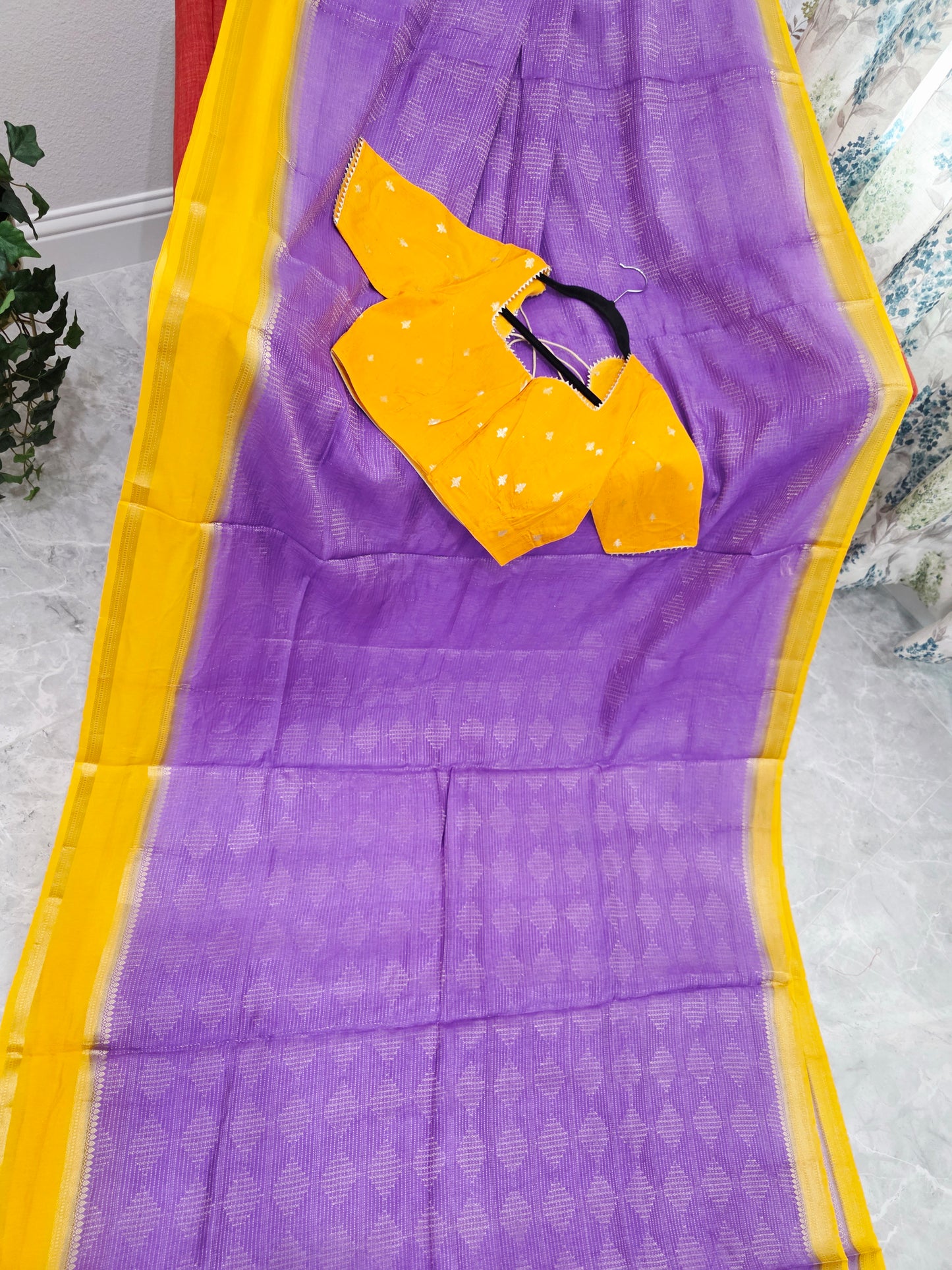 Royal Lavender Purple & Mustard Yellow Dola Viscose Crepe Silk Saree with Stitched Blouse