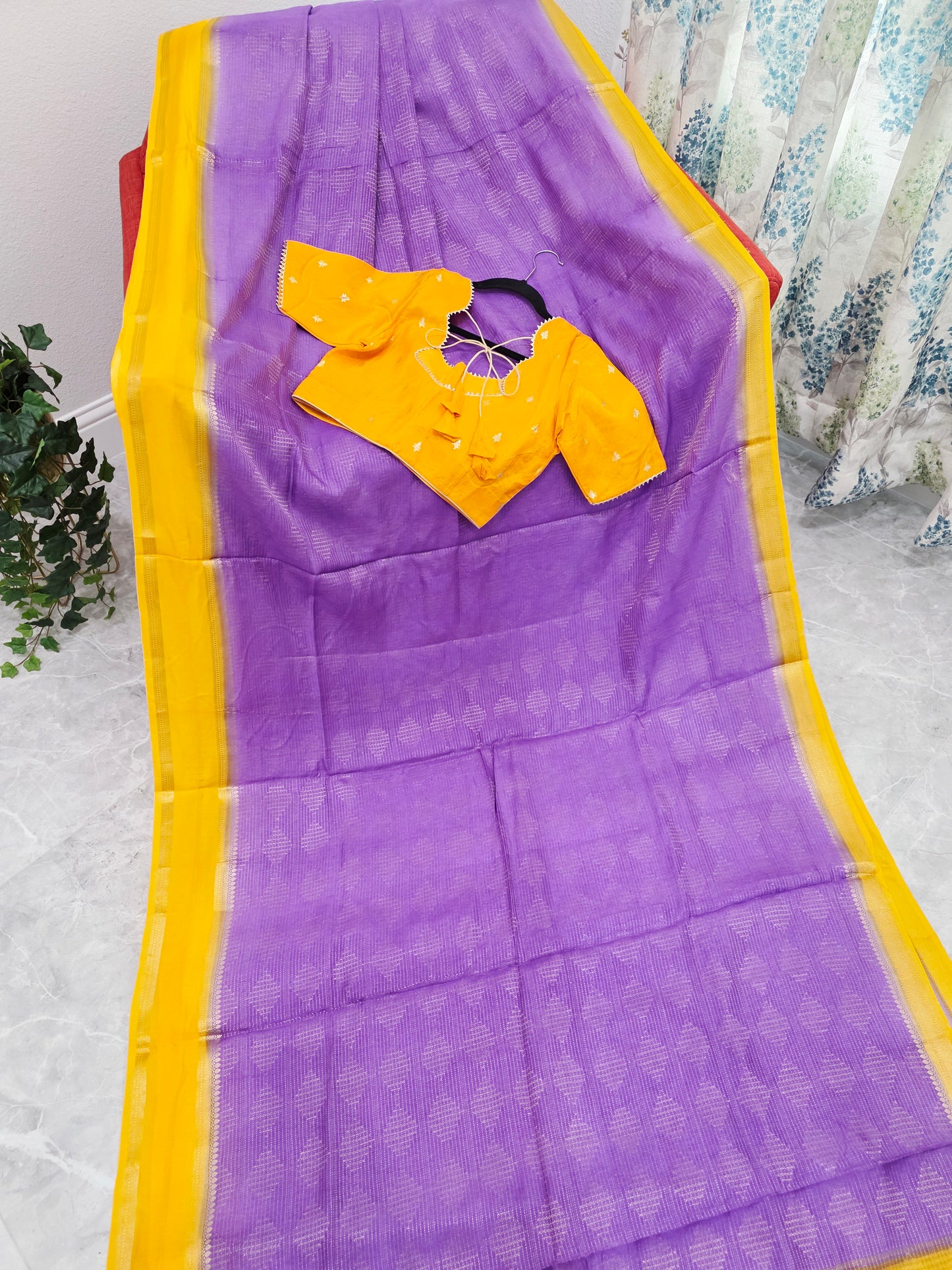Royal Lavender Purple & Mustard Yellow Dola Viscose Crepe Silk Saree with Stitched Blouse