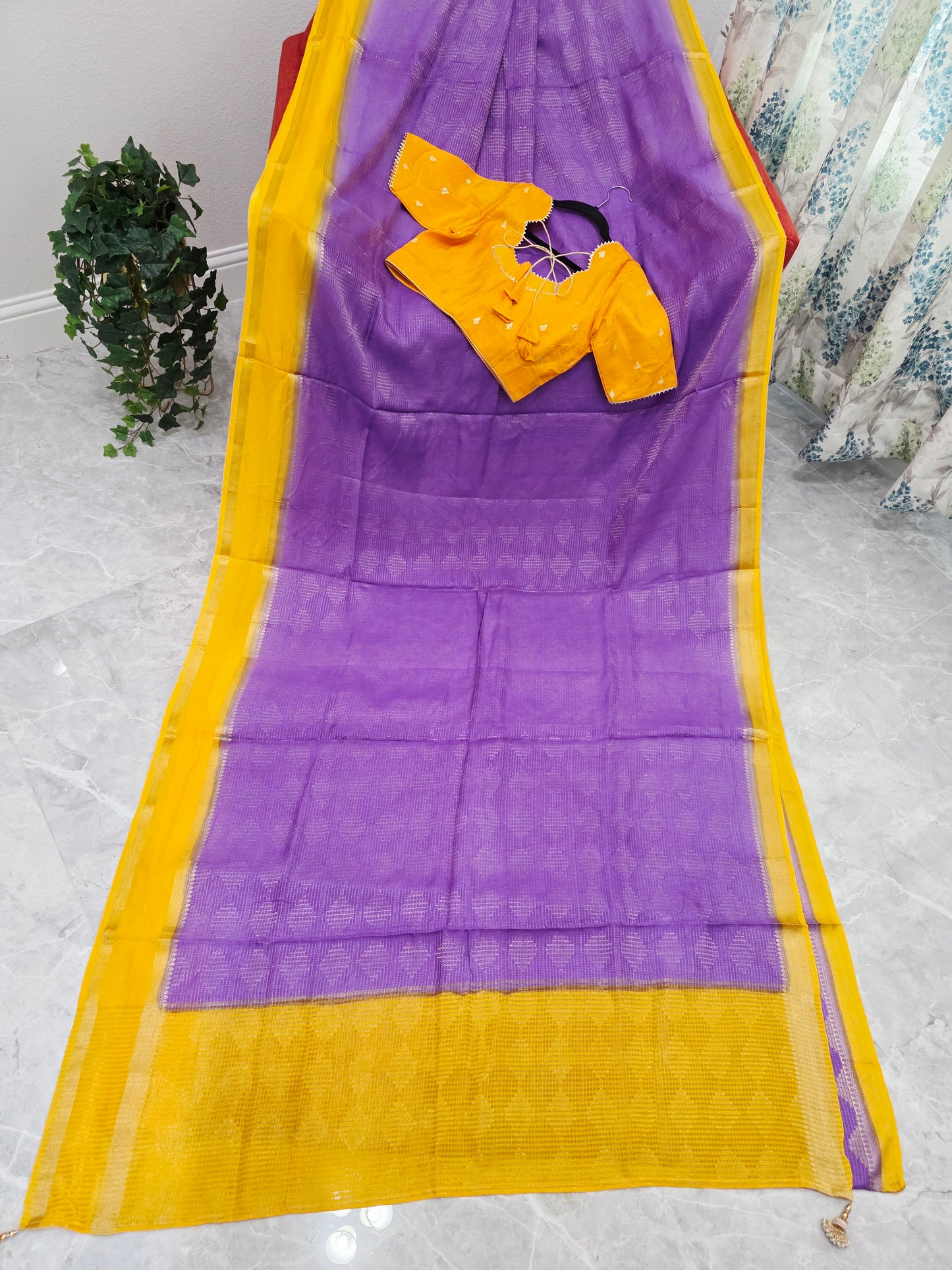 Royal Lavender Purple & Mustard Yellow Dola Viscose Crepe Silk Saree with Stitched Blouse