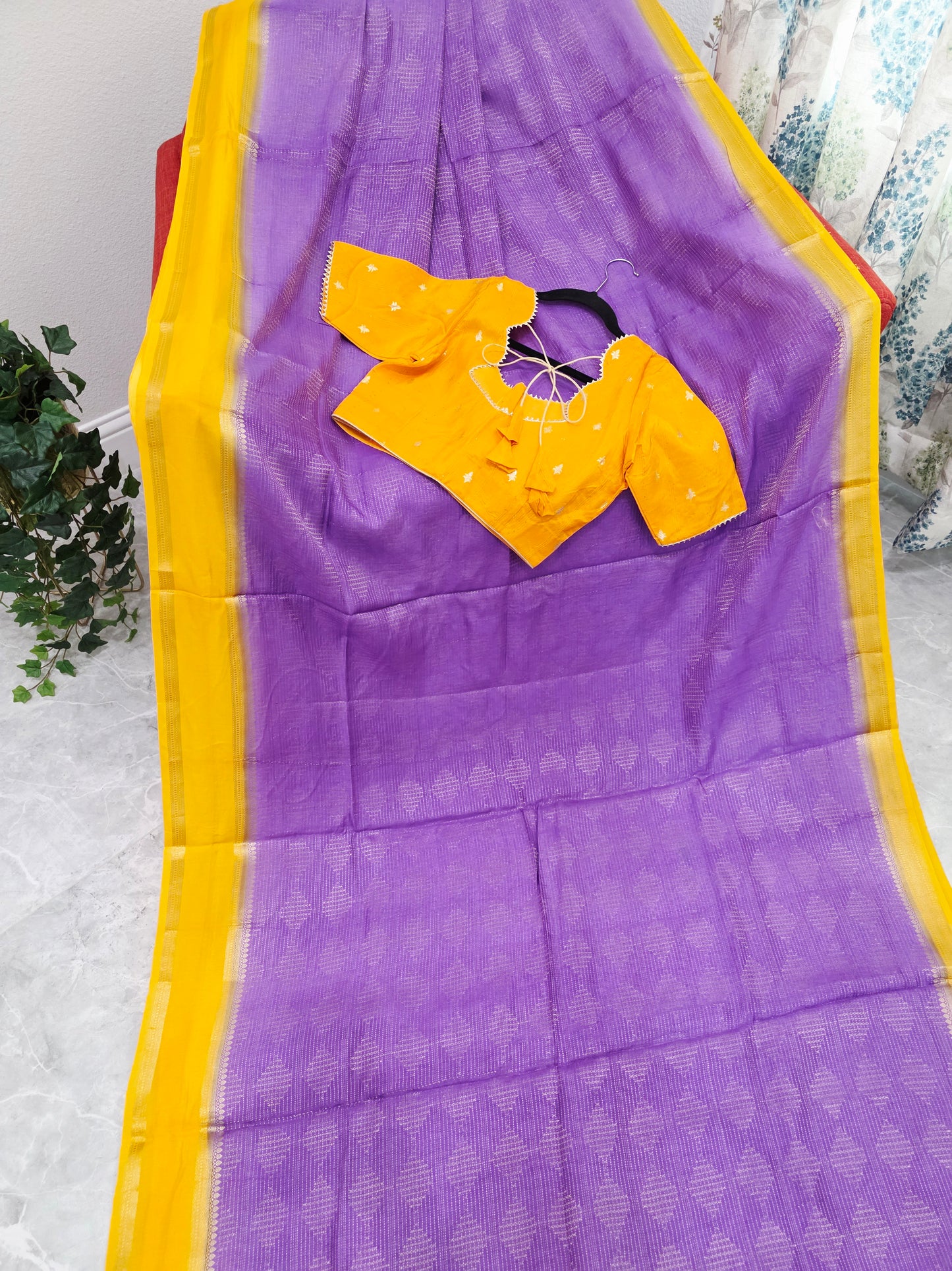 Royal Lavender Purple & Mustard Yellow Dola Viscose Crepe Silk Saree with Stitched Blouse