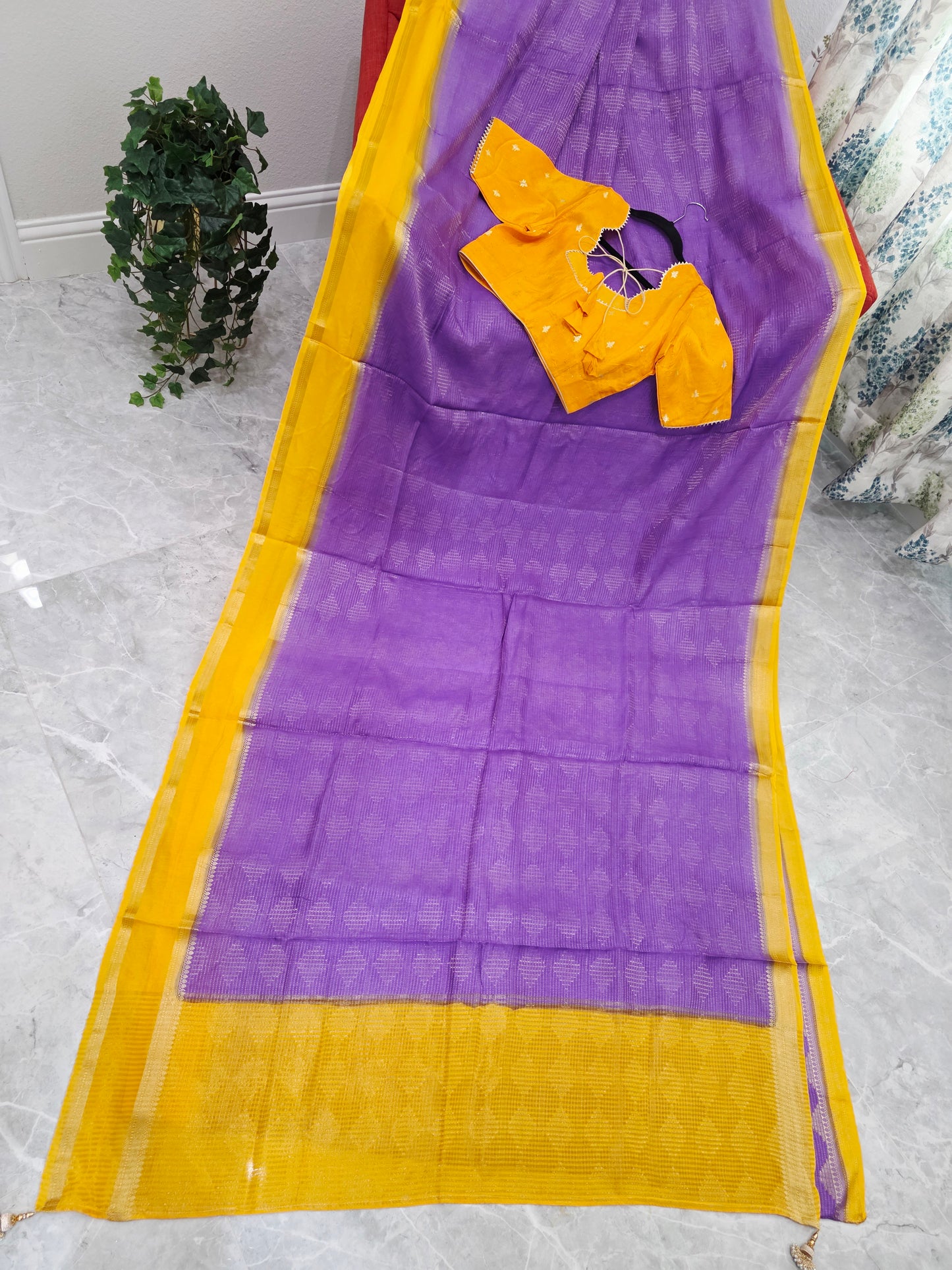 Royal Lavender Purple & Mustard Yellow Dola Viscose Crepe Silk Saree with Stitched Blouse