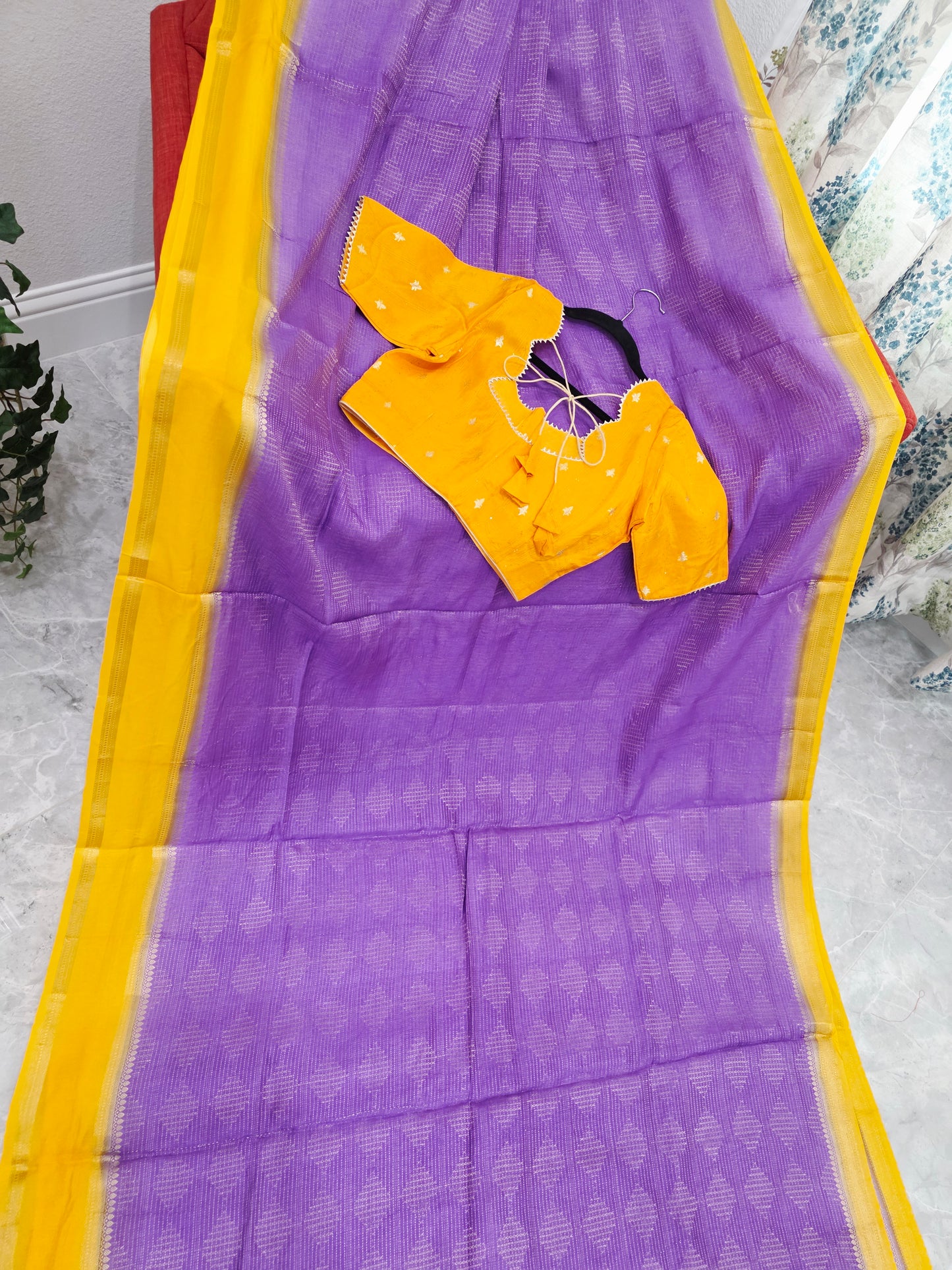 Royal Lavender Purple & Mustard Yellow Dola Viscose Crepe Silk Saree with Stitched Blouse