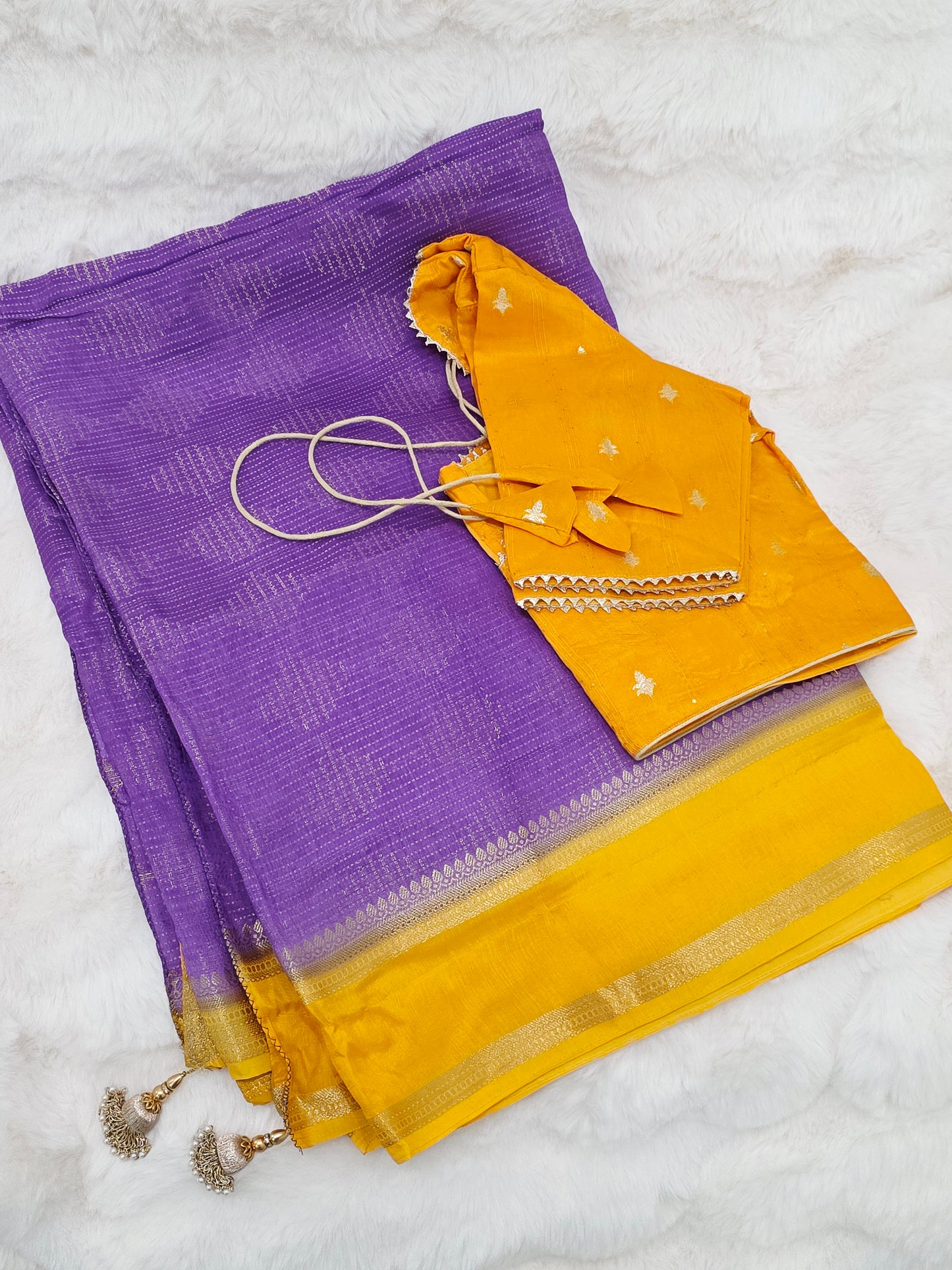 Royal Lavender Purple & Mustard Yellow Dola Viscose Crepe Silk Saree with Stitched Blouse