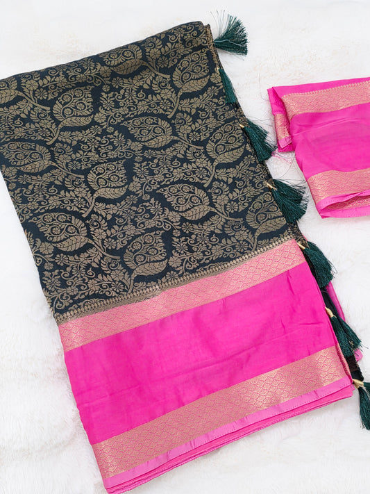 Dark Teal & Rani Pink Semi Mysore Crepe Silk Designer Saree with Unstitched Blouse