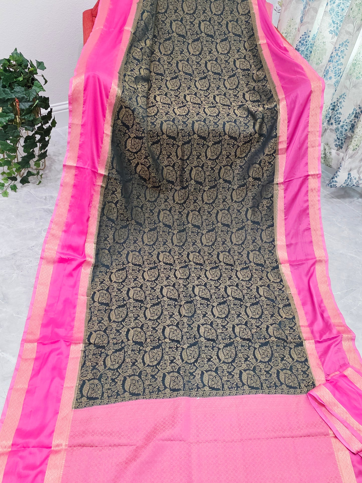 Dark Teal & Rani Pink Semi Mysore Crepe Silk Designer Saree with Unstitched Blouse