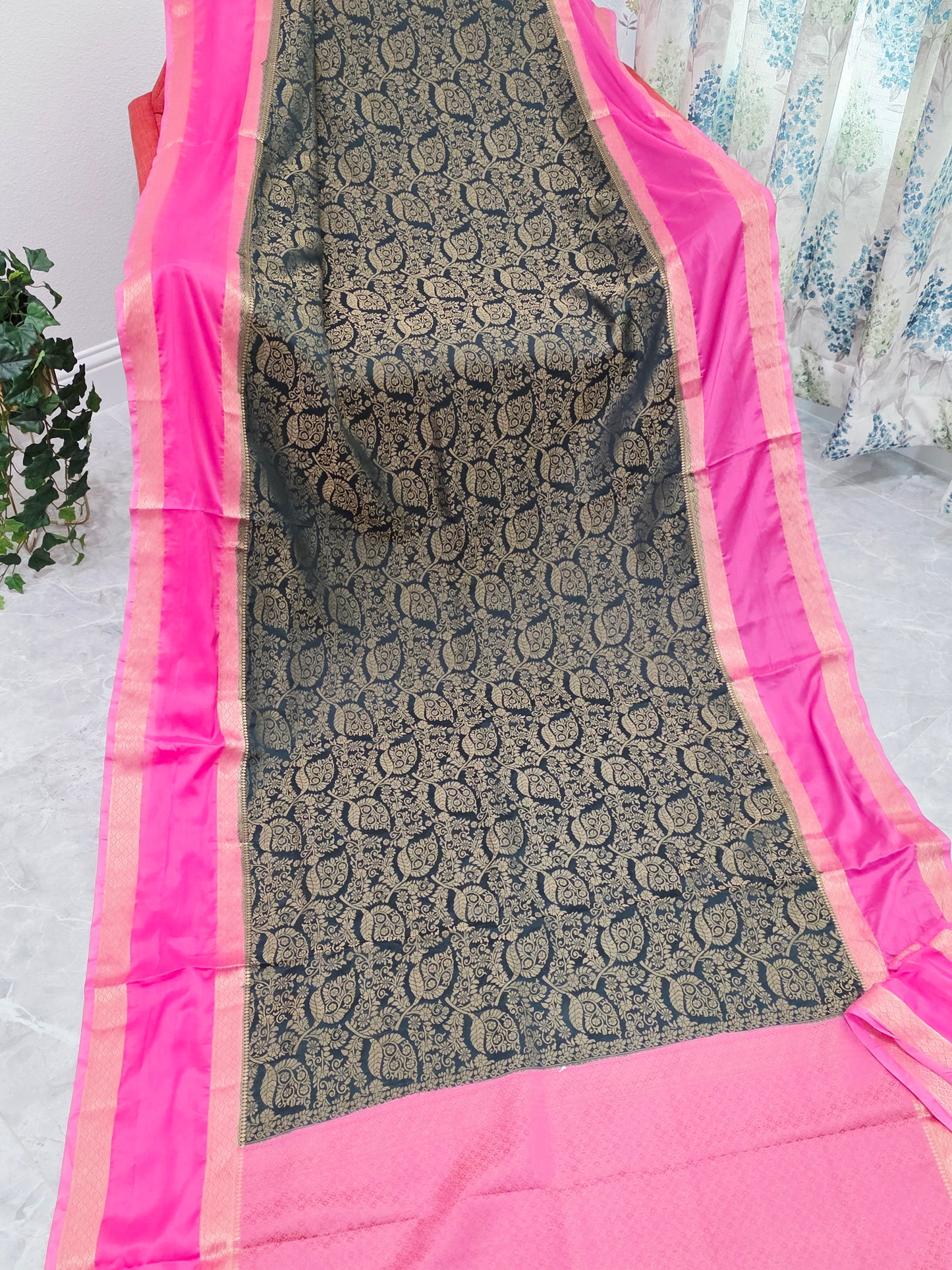 Dark Teal & Rani Pink Semi Mysore Crepe Silk Designer Saree with Unstitched Blouse