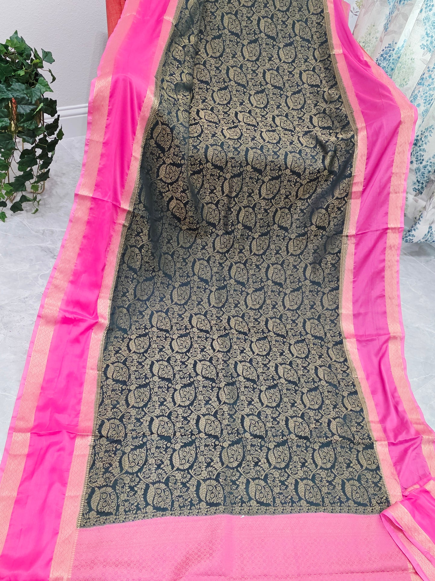 Dark Teal & Rani Pink Semi Mysore Crepe Silk Designer Saree with Unstitched Blouse