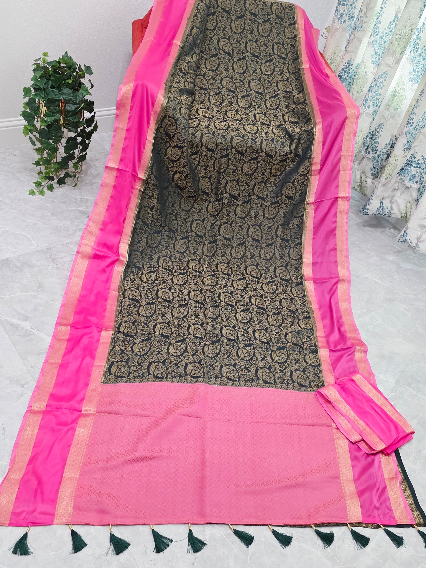 Dark Teal & Rani Pink Semi Mysore Crepe Silk Designer Saree with Unstitched Blouse