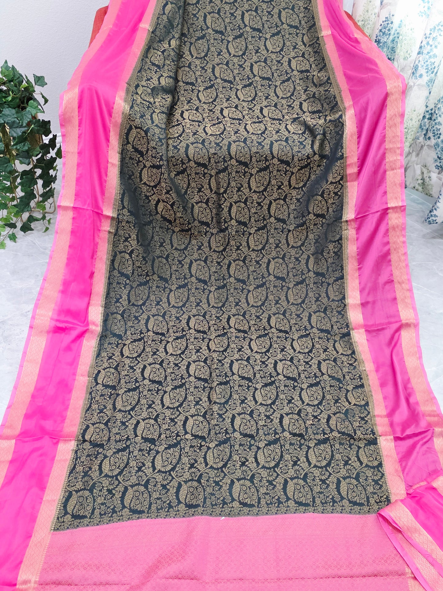 Dark Teal & Rani Pink Semi Mysore Crepe Silk Designer Saree with Unstitched Blouse