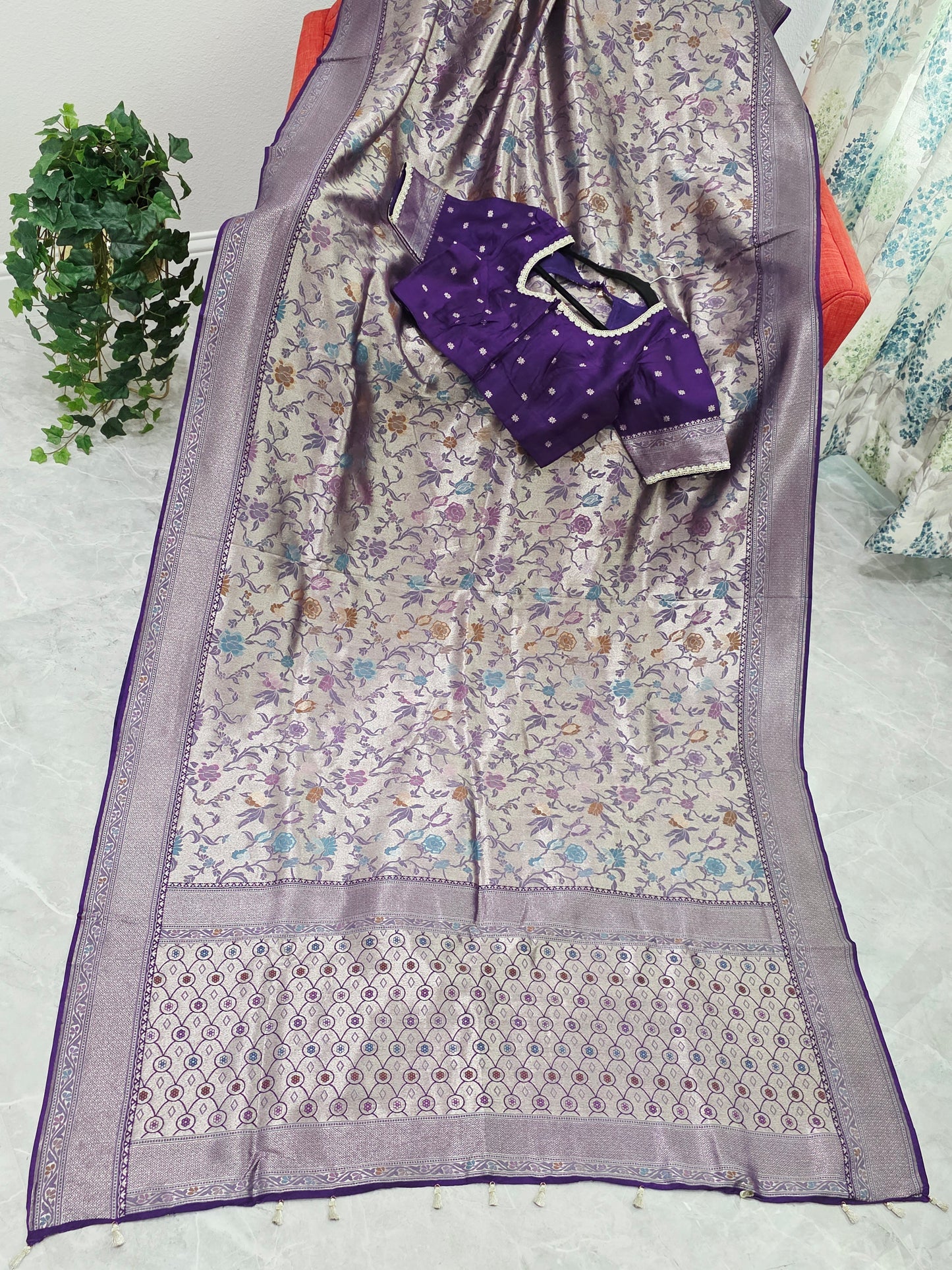Champagne Silver & Royal Purple Benarasi Paithani Designer Saree with Stitched Blouse