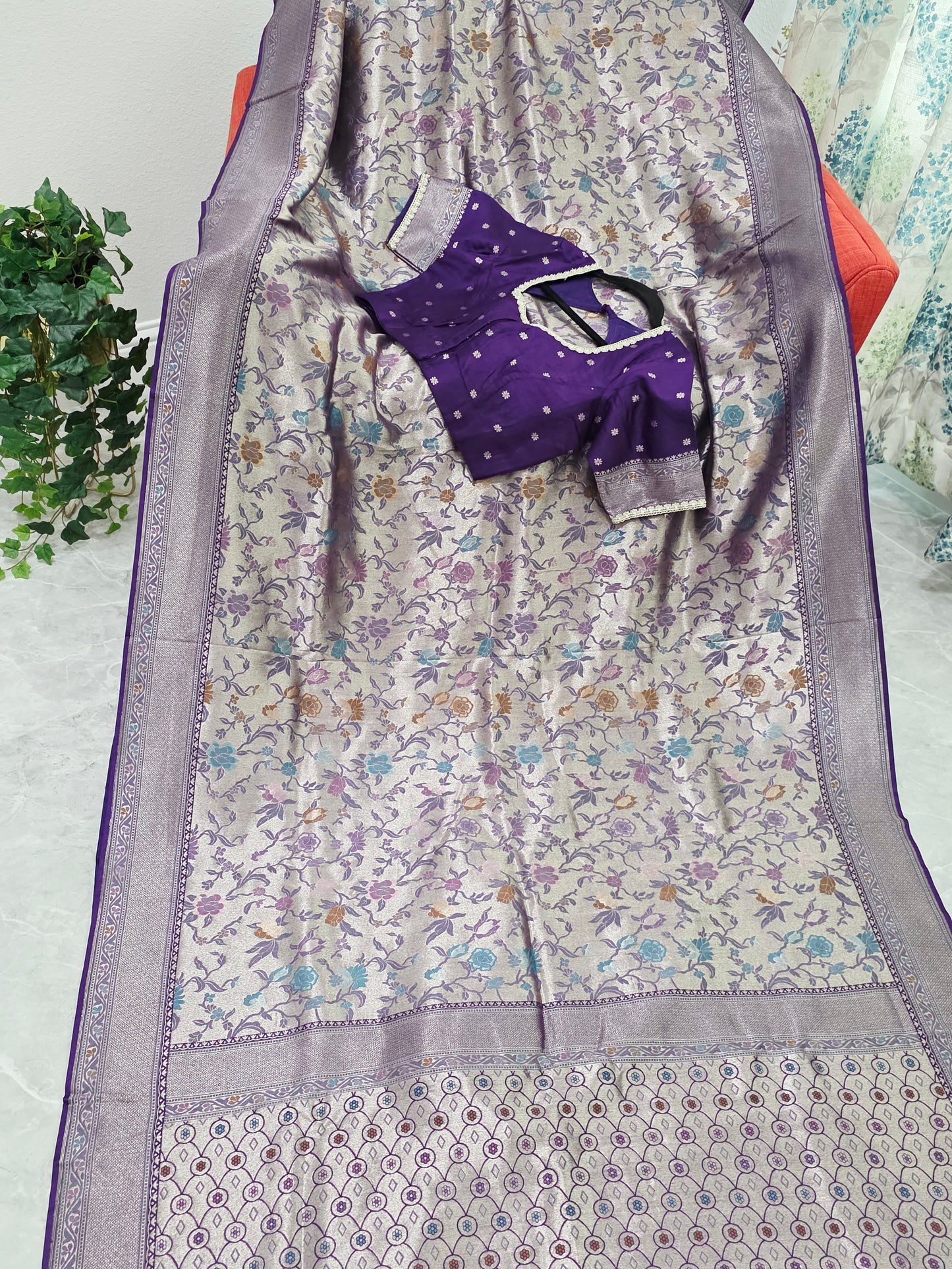 Champagne Silver & Royal Purple Benarasi Paithani Designer Saree with Stitched Blouse