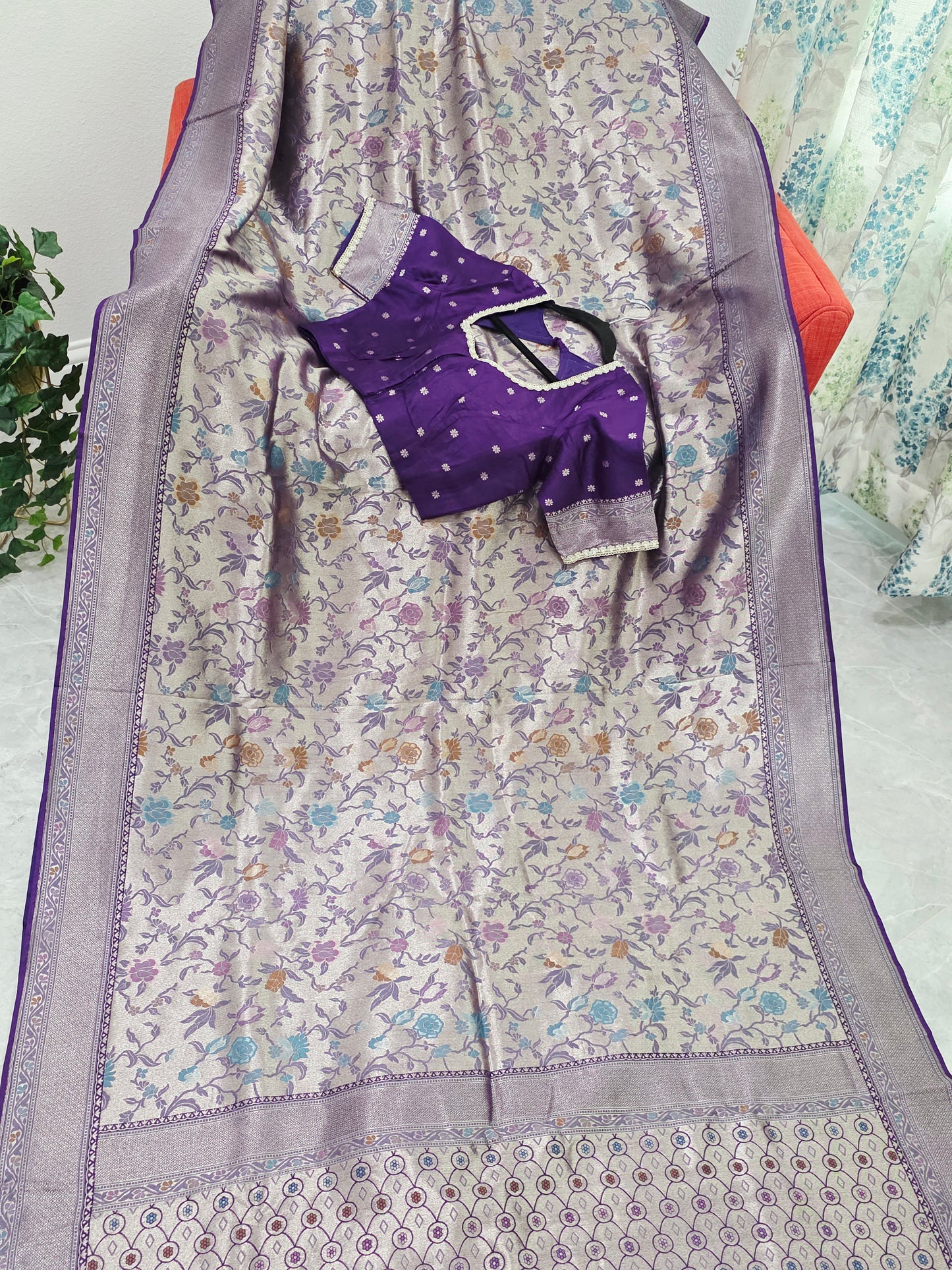 Champagne Silver & Royal Purple Benarasi Paithani Designer Saree with Stitched Blouse