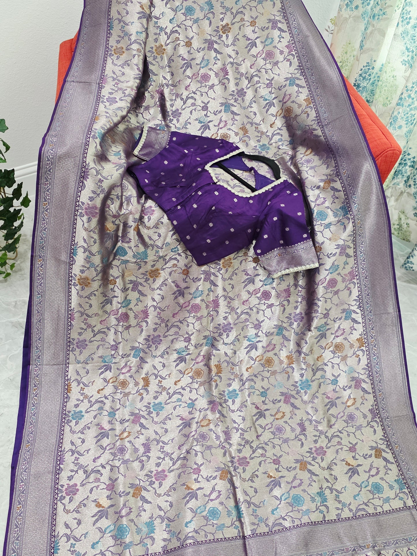 Champagne Silver & Royal Purple Benarasi Paithani Designer Saree with Stitched Blouse