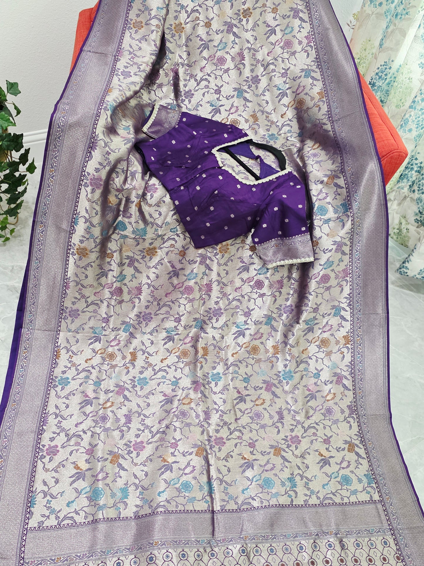 Champagne Silver & Royal Purple Benarasi Paithani Designer Saree with Stitched Blouse