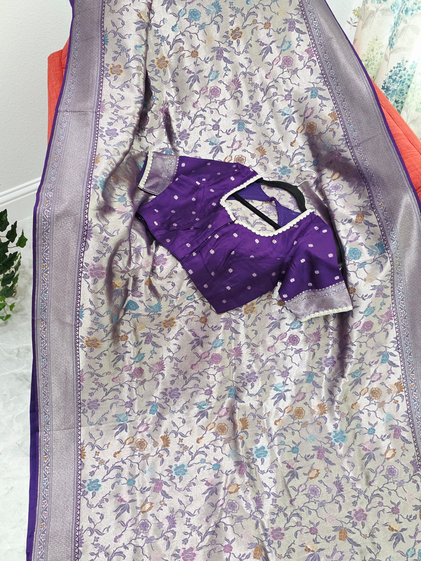Champagne Silver & Royal Purple Benarasi Paithani Designer Saree with Stitched Blouse