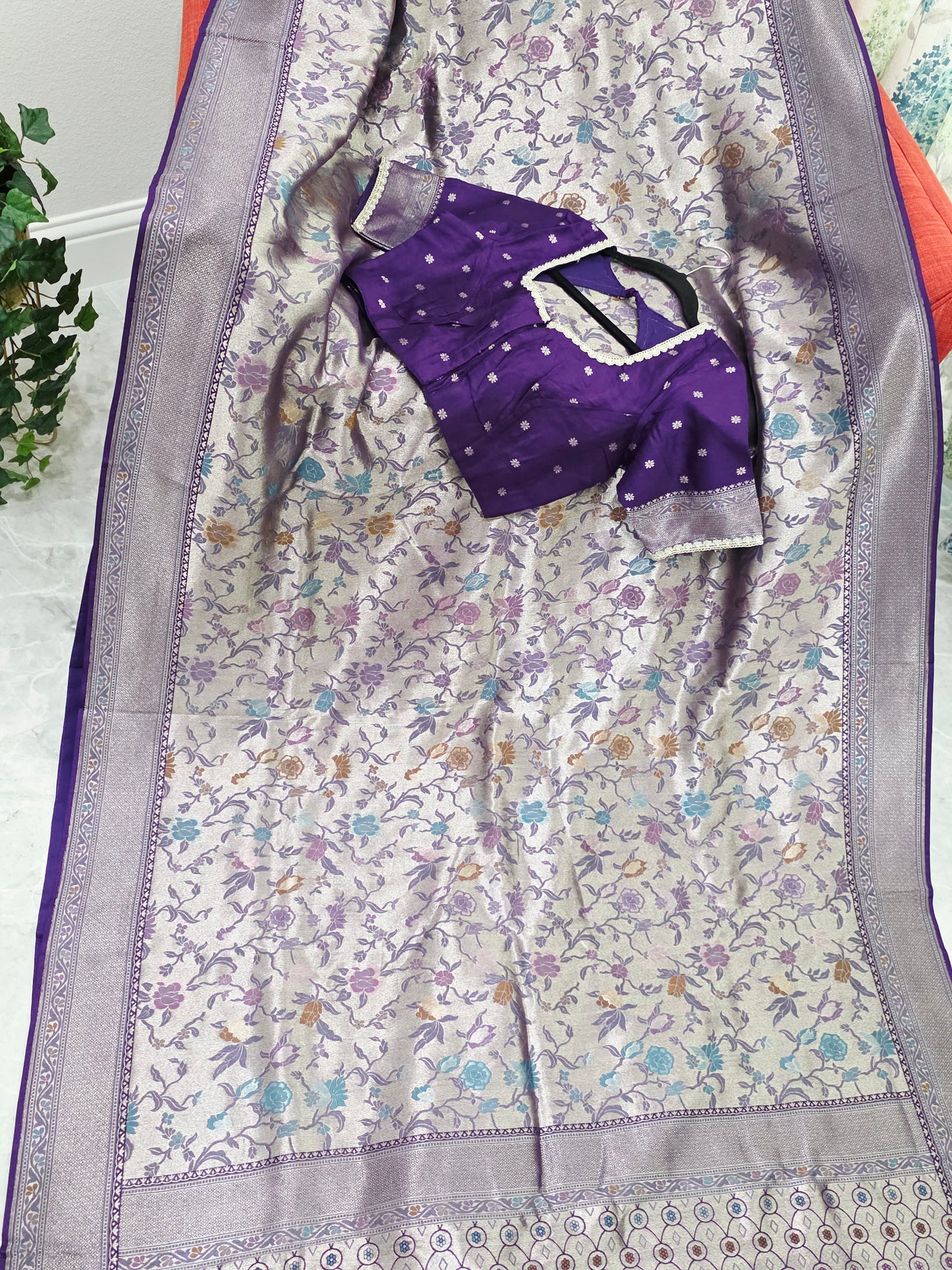 Champagne Silver & Royal Purple Benarasi Paithani Designer Saree with Stitched Blouse