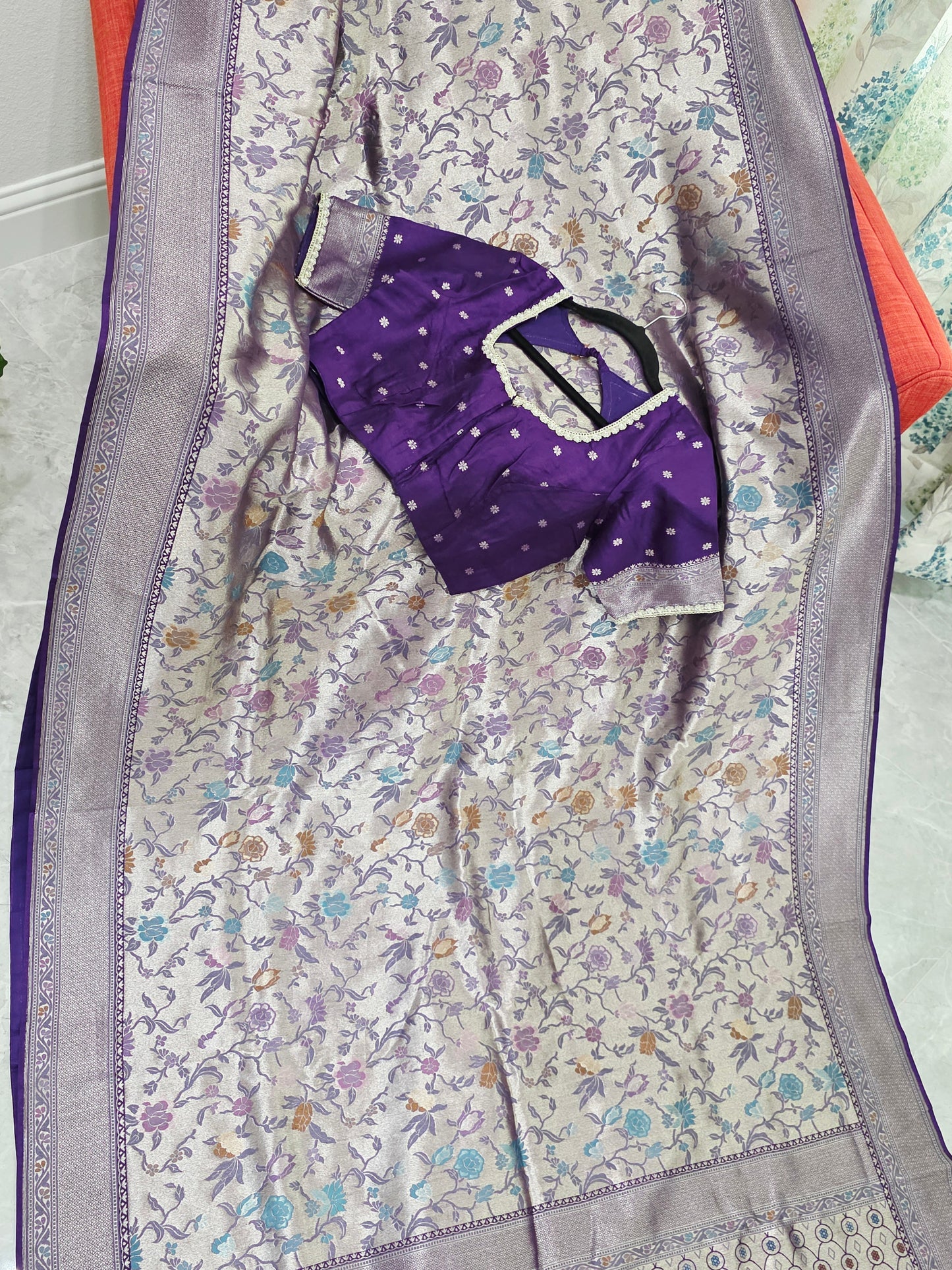 Champagne Silver & Royal Purple Benarasi Paithani Designer Saree with Stitched Blouse