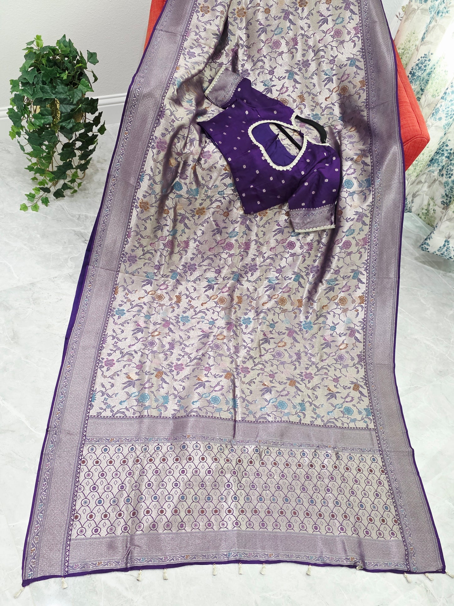 Champagne Silver & Royal Purple Benarasi Paithani Designer Saree with Stitched Blouse