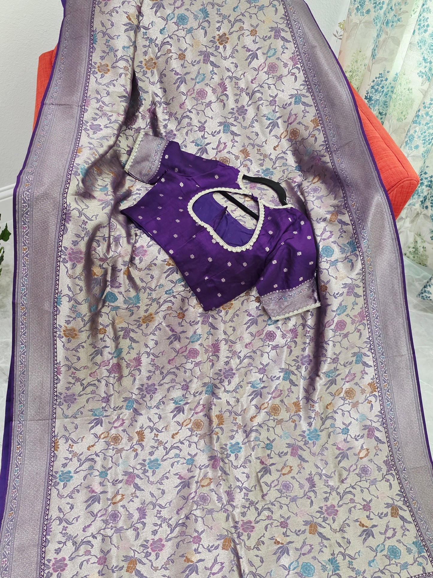 Champagne Silver & Royal Purple Benarasi Paithani Designer Saree with Stitched Blouse