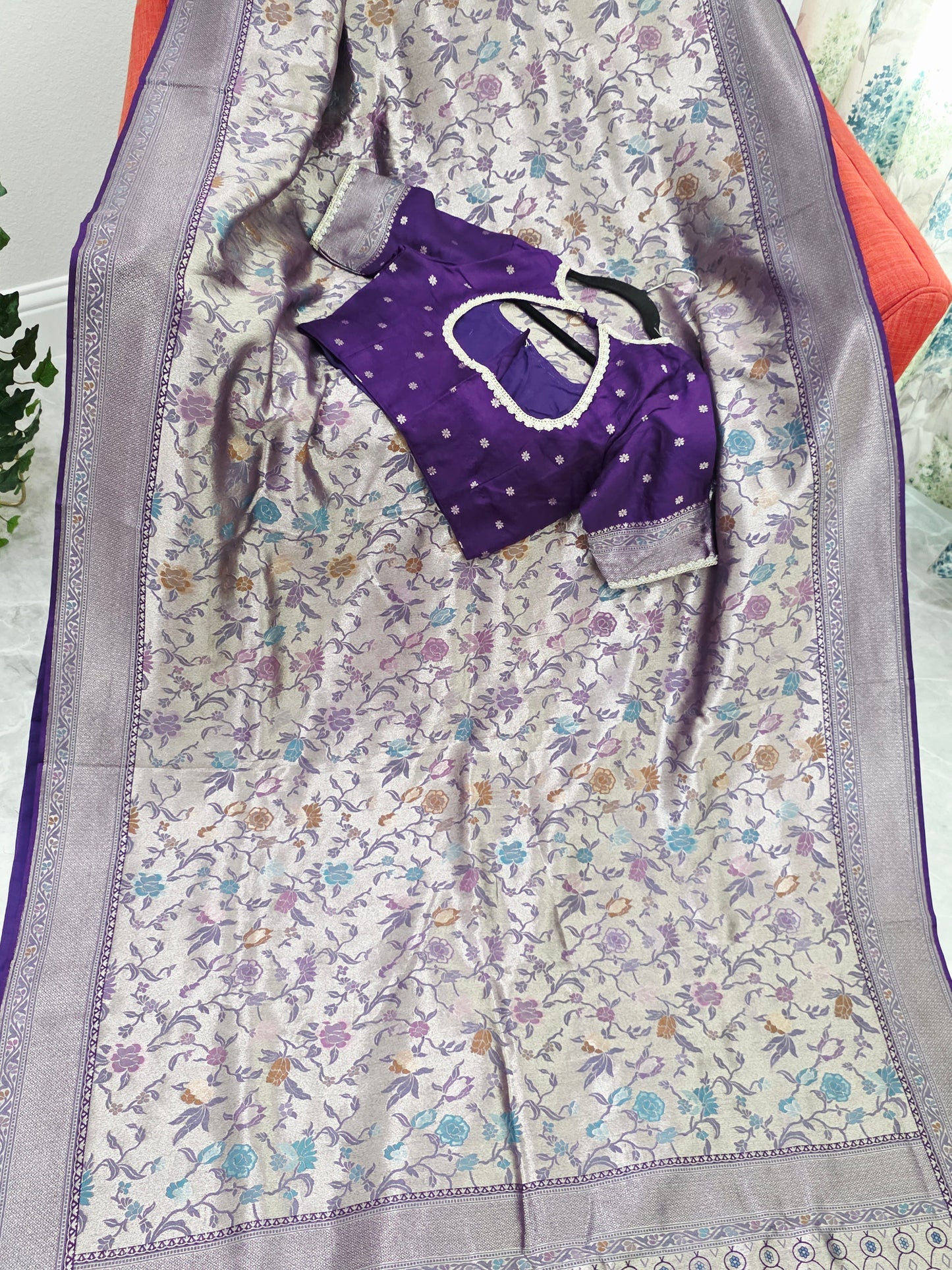 Champagne Silver & Royal Purple Benarasi Paithani Designer Saree with Stitched Blouse