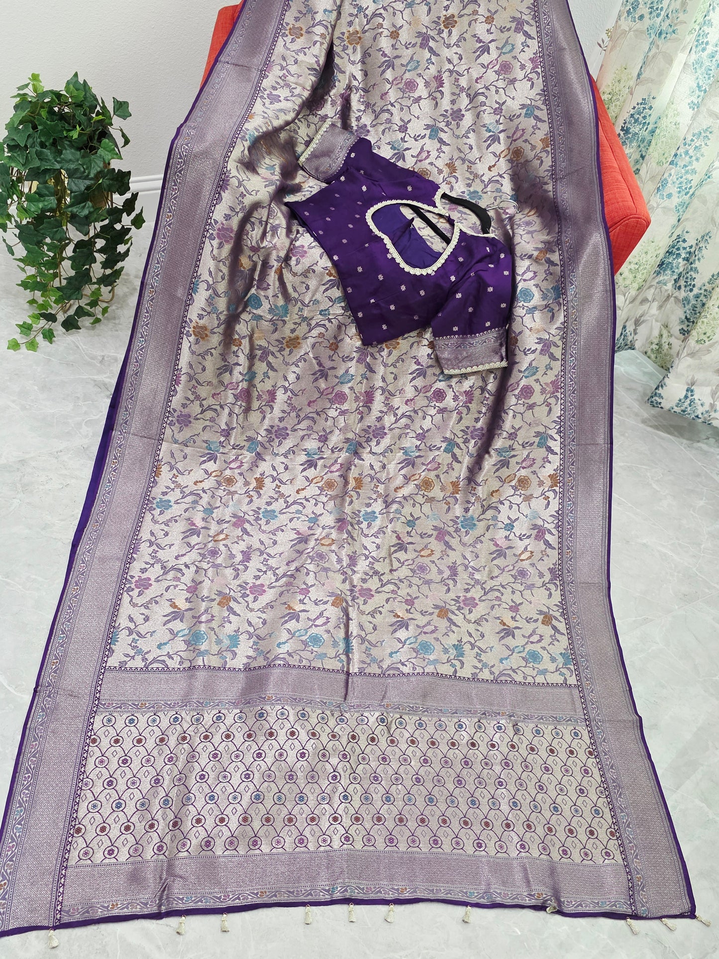 Champagne Silver & Royal Purple Benarasi Paithani Designer Saree with Stitched Blouse