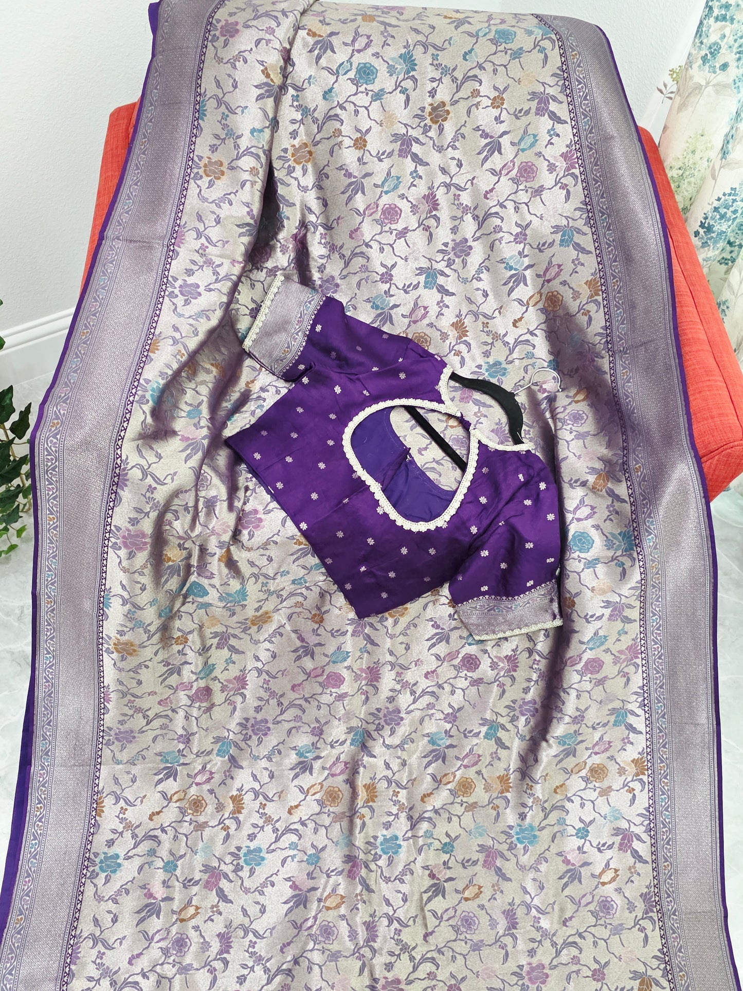 Champagne Silver & Royal Purple Benarasi Paithani Designer Saree with Stitched Blouse