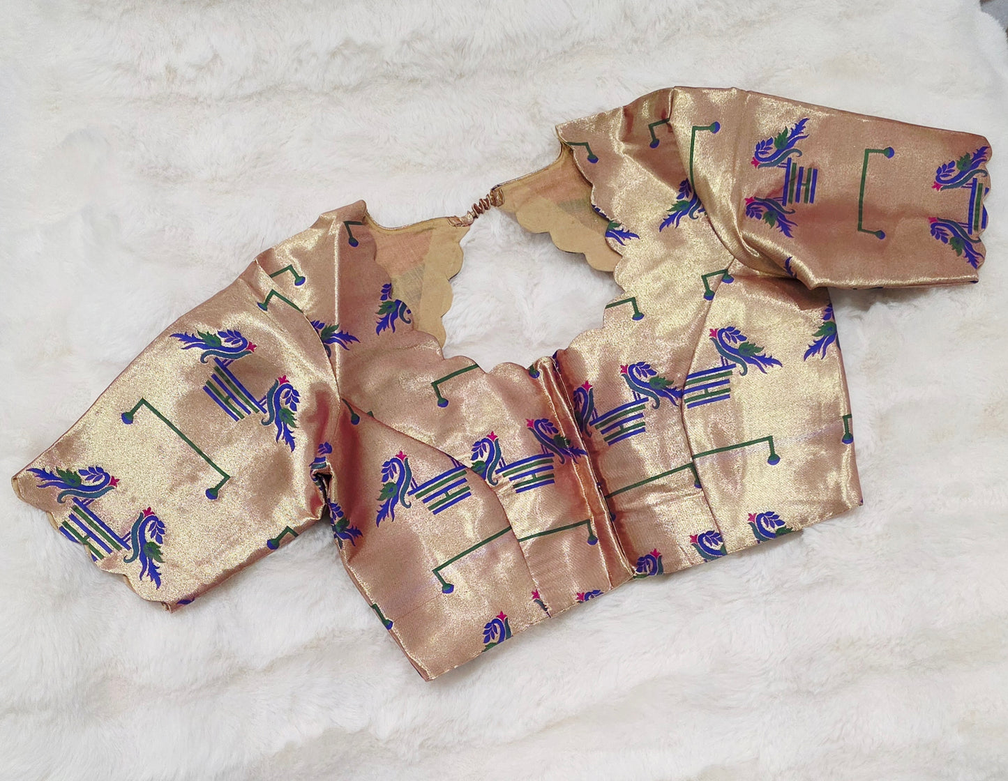 Antique Champagne Gold Paithani Peacock Designer Blouse