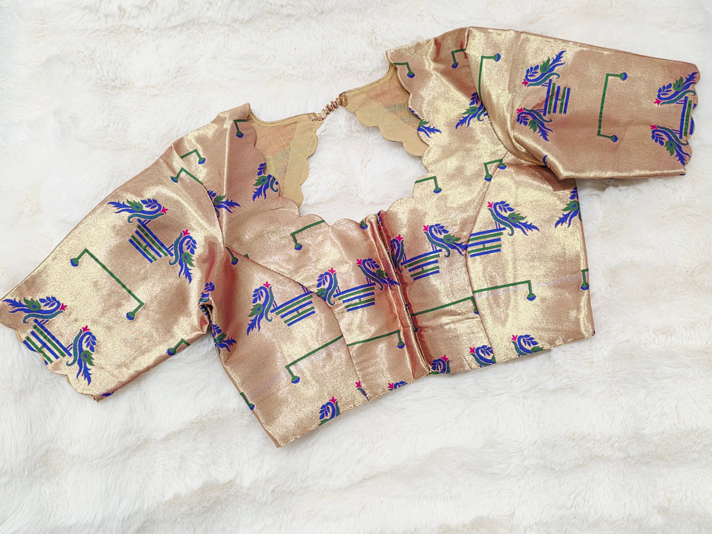 Antique Champagne Gold Paithani Peacock Designer Blouse
