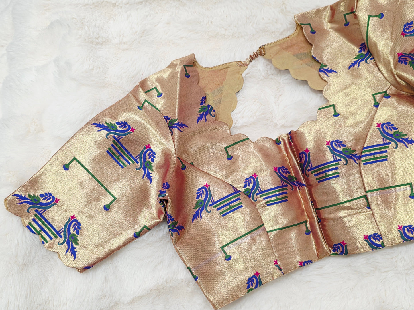 Antique Champagne Gold Paithani Peacock Designer Blouse