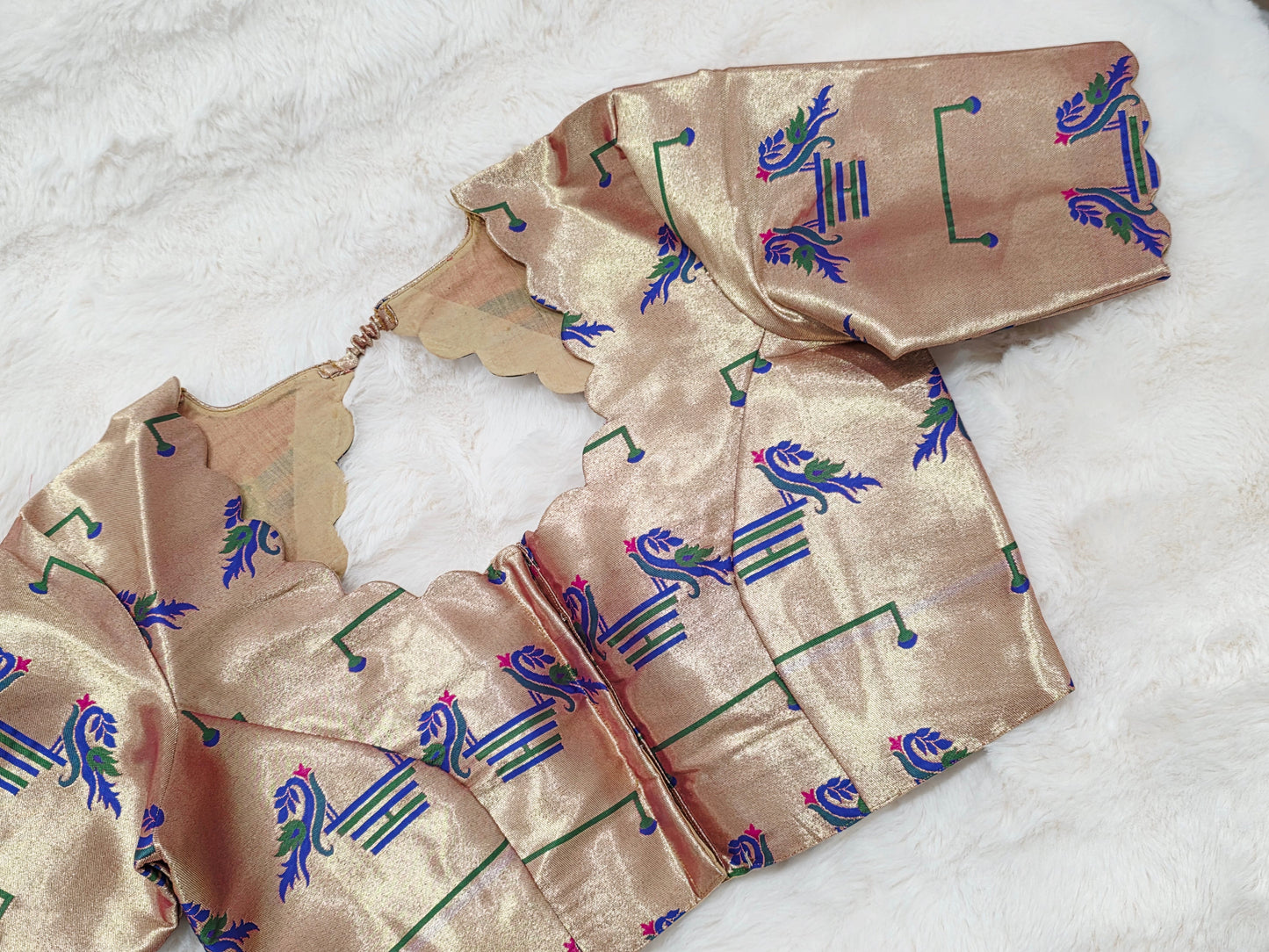 Antique Champagne Gold Paithani Peacock Designer Blouse
