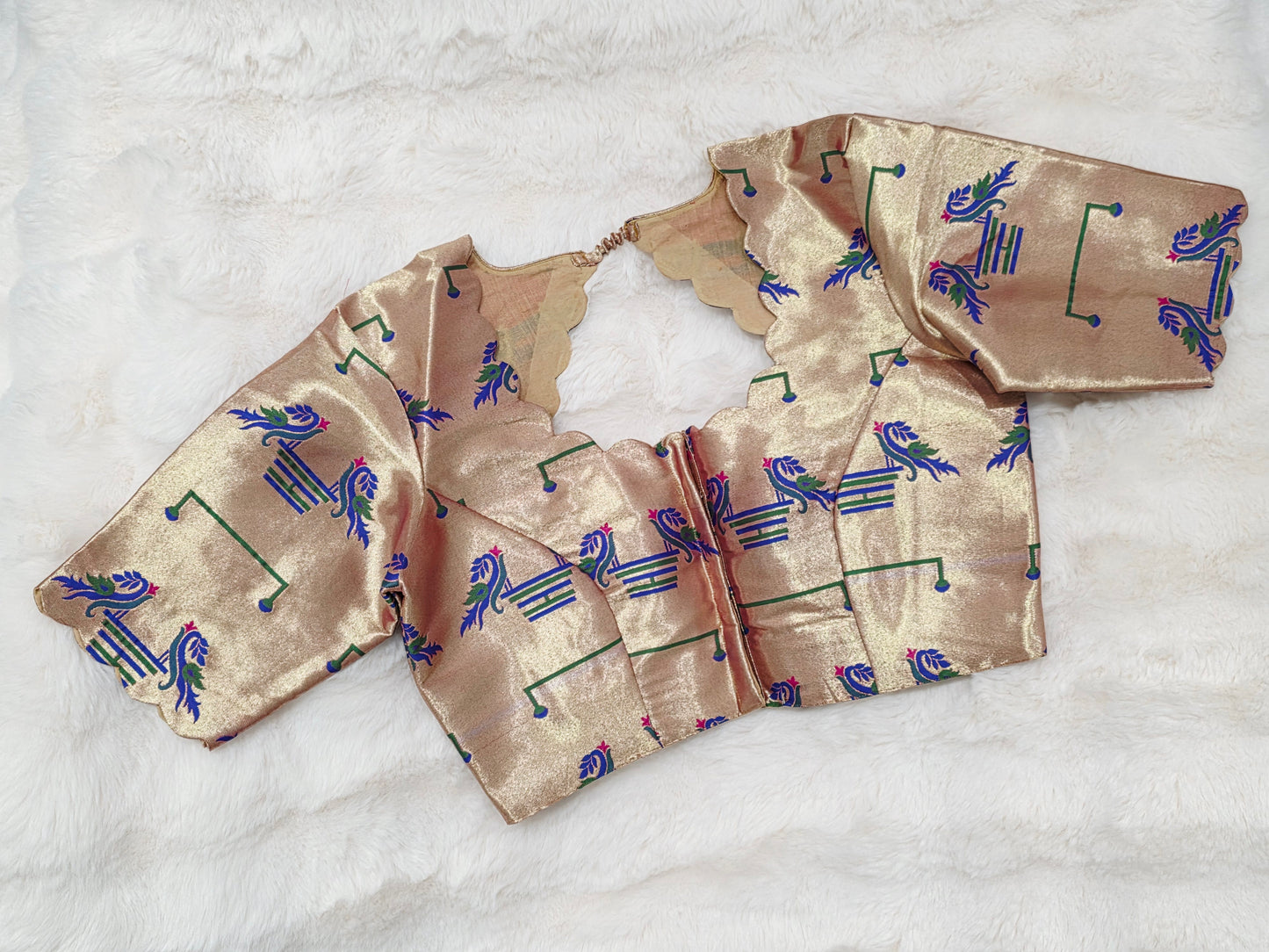 Antique Champagne Gold Paithani Peacock Designer Blouse
