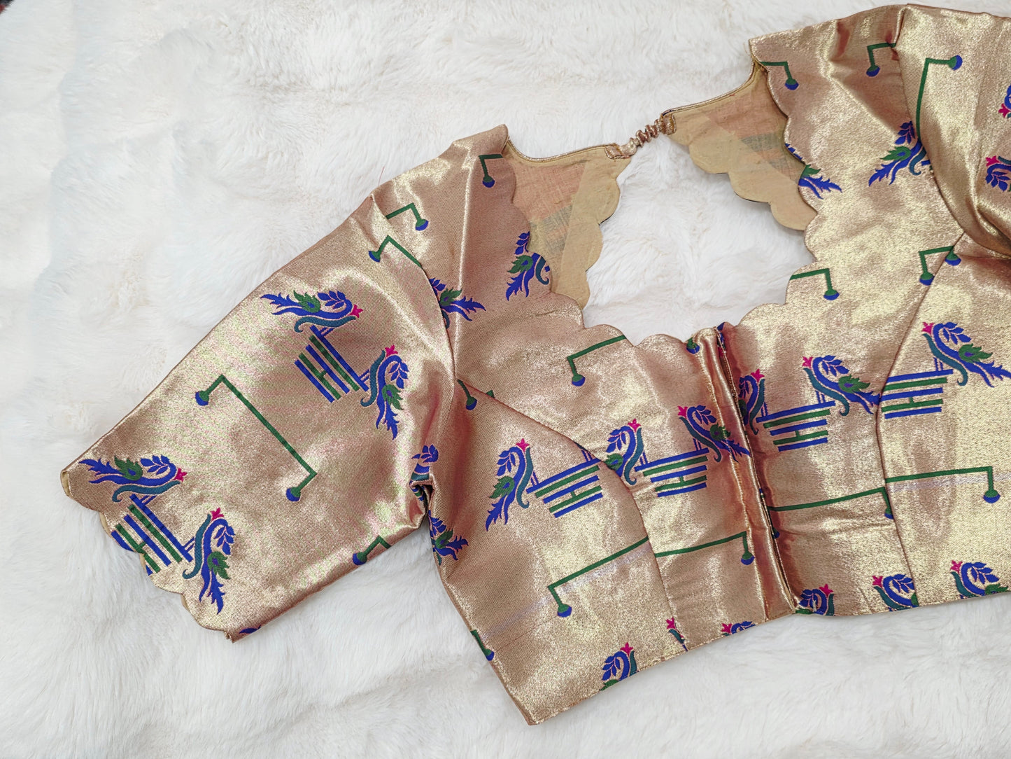 Antique Champagne Gold Paithani Peacock Designer Blouse