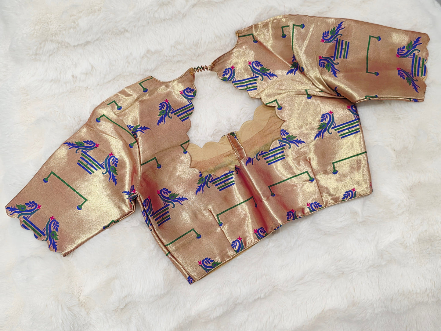 Antique Champagne Gold Paithani Peacock Designer Blouse