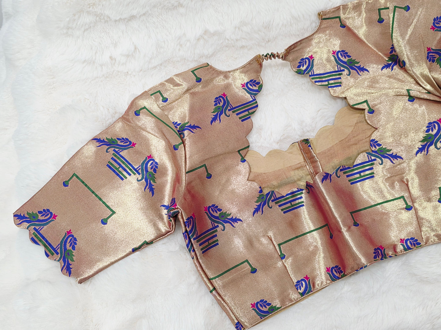 Antique Champagne Gold Paithani Peacock Designer Blouse