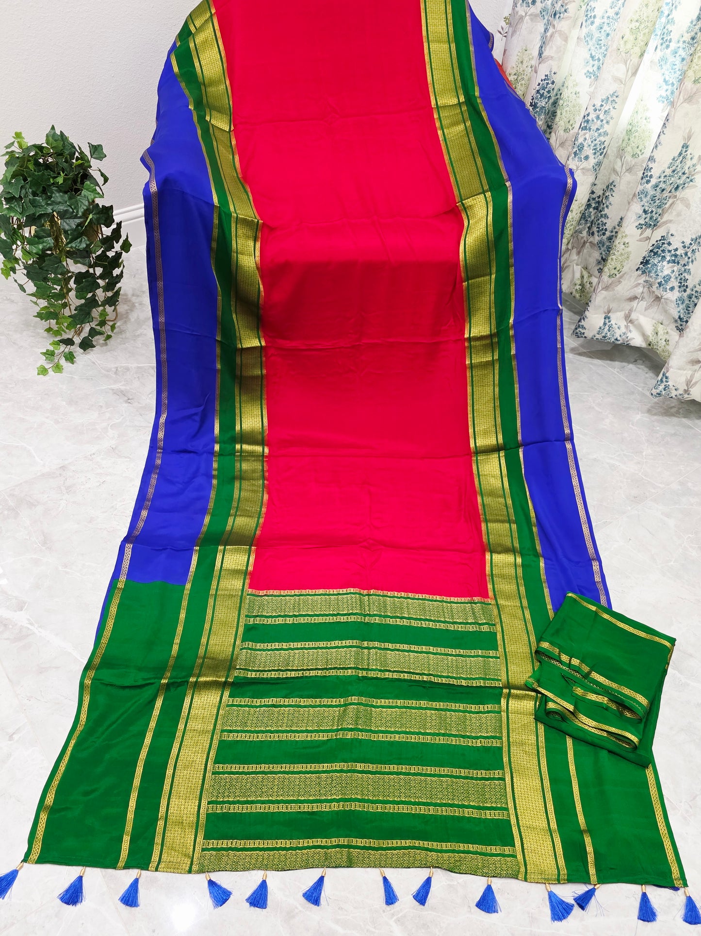Red, Royal Blue & Emerald Green Pure 120 GSM Mysore Crepe Silk Saree with Unstitched Blouse
