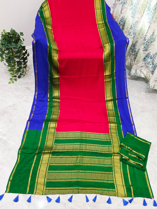Red, Royal Blue & Emerald Green Pure 120 GSM Mysore Crepe Silk Saree with Unstitched Blouse
