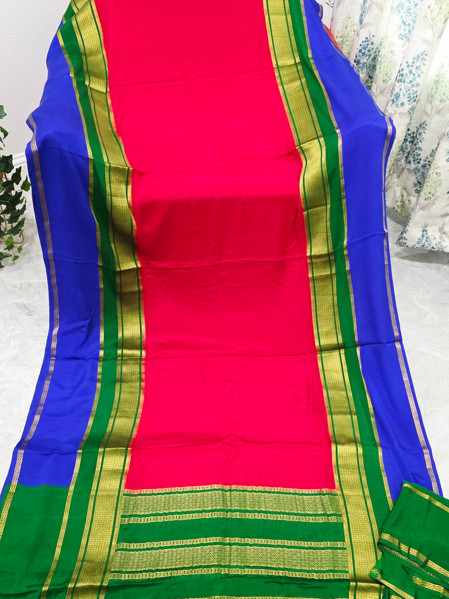 Red, Royal Blue & Emerald Green Pure 120 GSM Mysore Crepe Silk Saree with Unstitched Blouse