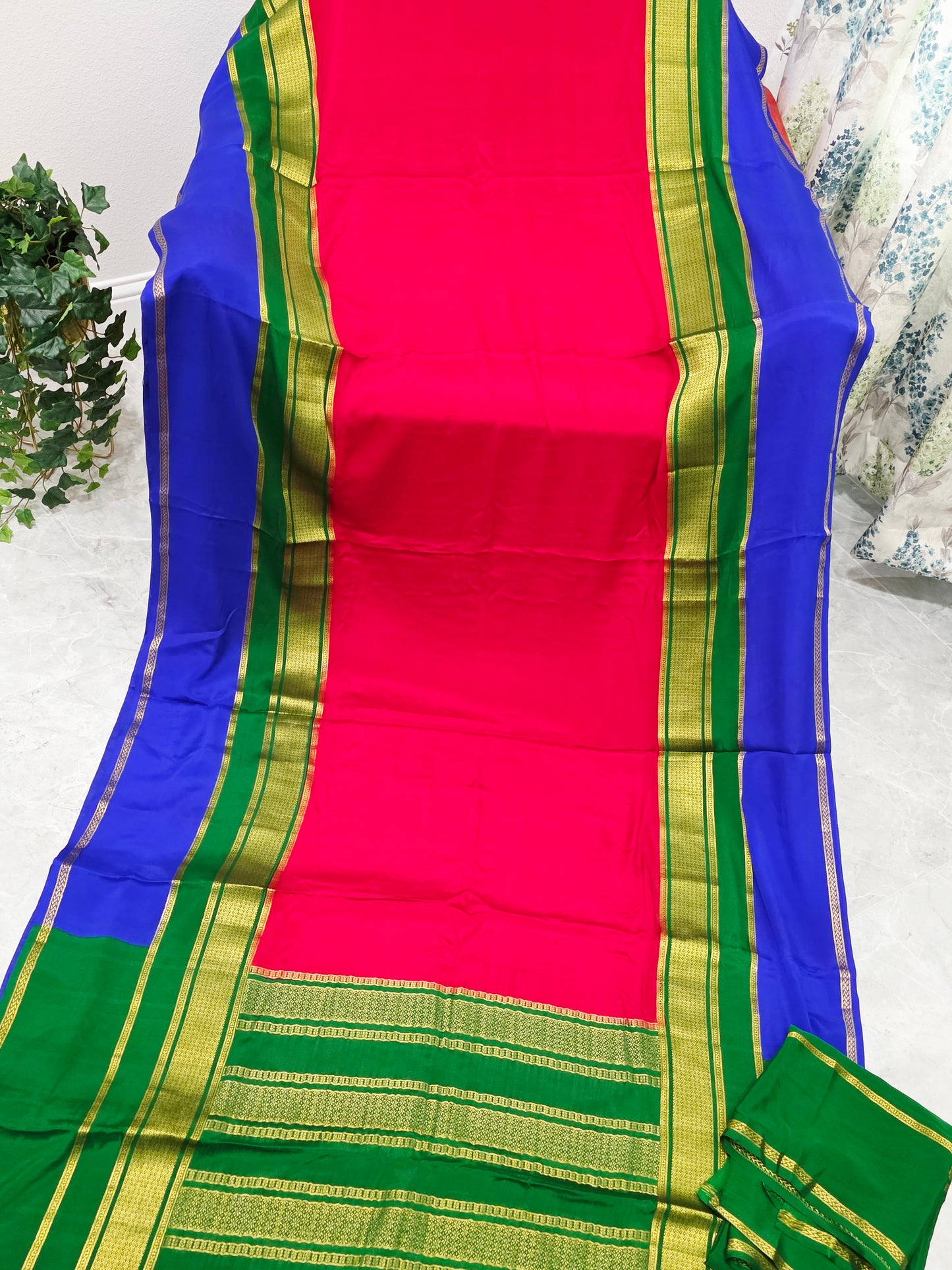 Red, Royal Blue & Emerald Green Pure 120 GSM Mysore Crepe Silk Saree with Unstitched Blouse