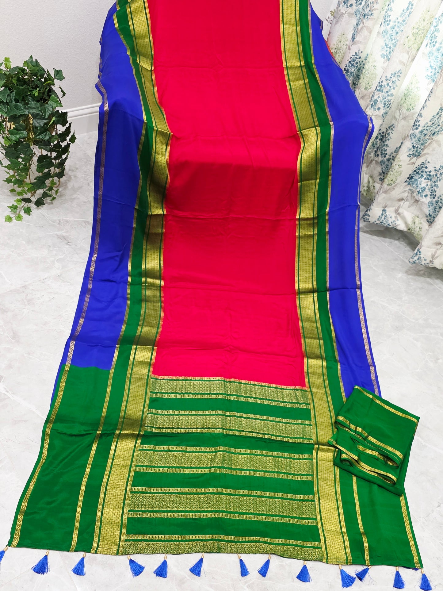 Red, Royal Blue & Emerald Green Pure 120 GSM Mysore Crepe Silk Saree with Unstitched Blouse