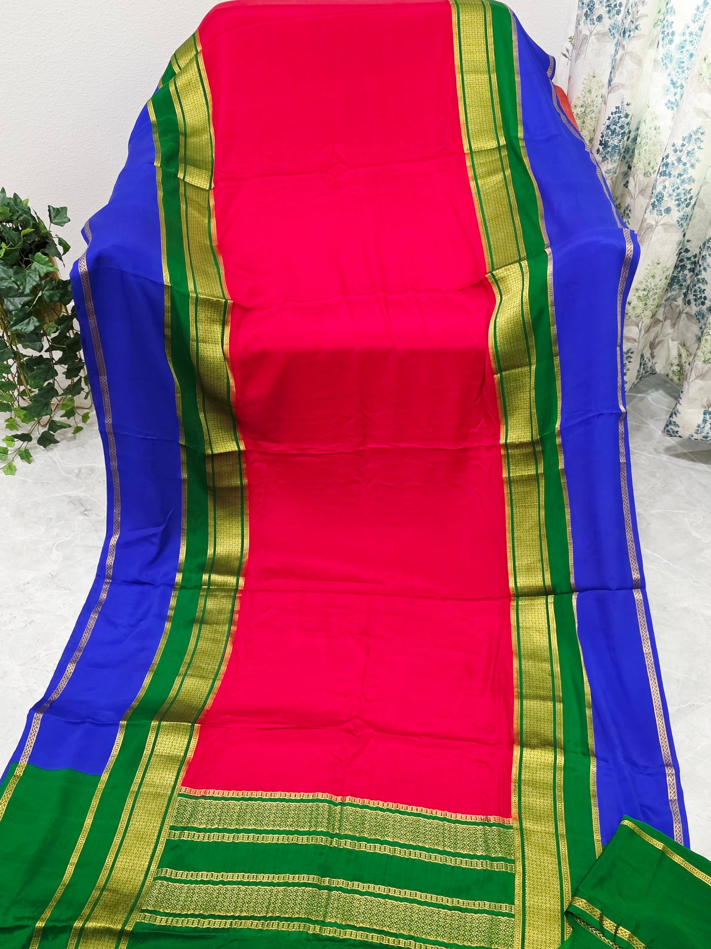 Red, Royal Blue & Emerald Green Pure 120 GSM Mysore Crepe Silk Saree with Unstitched Blouse