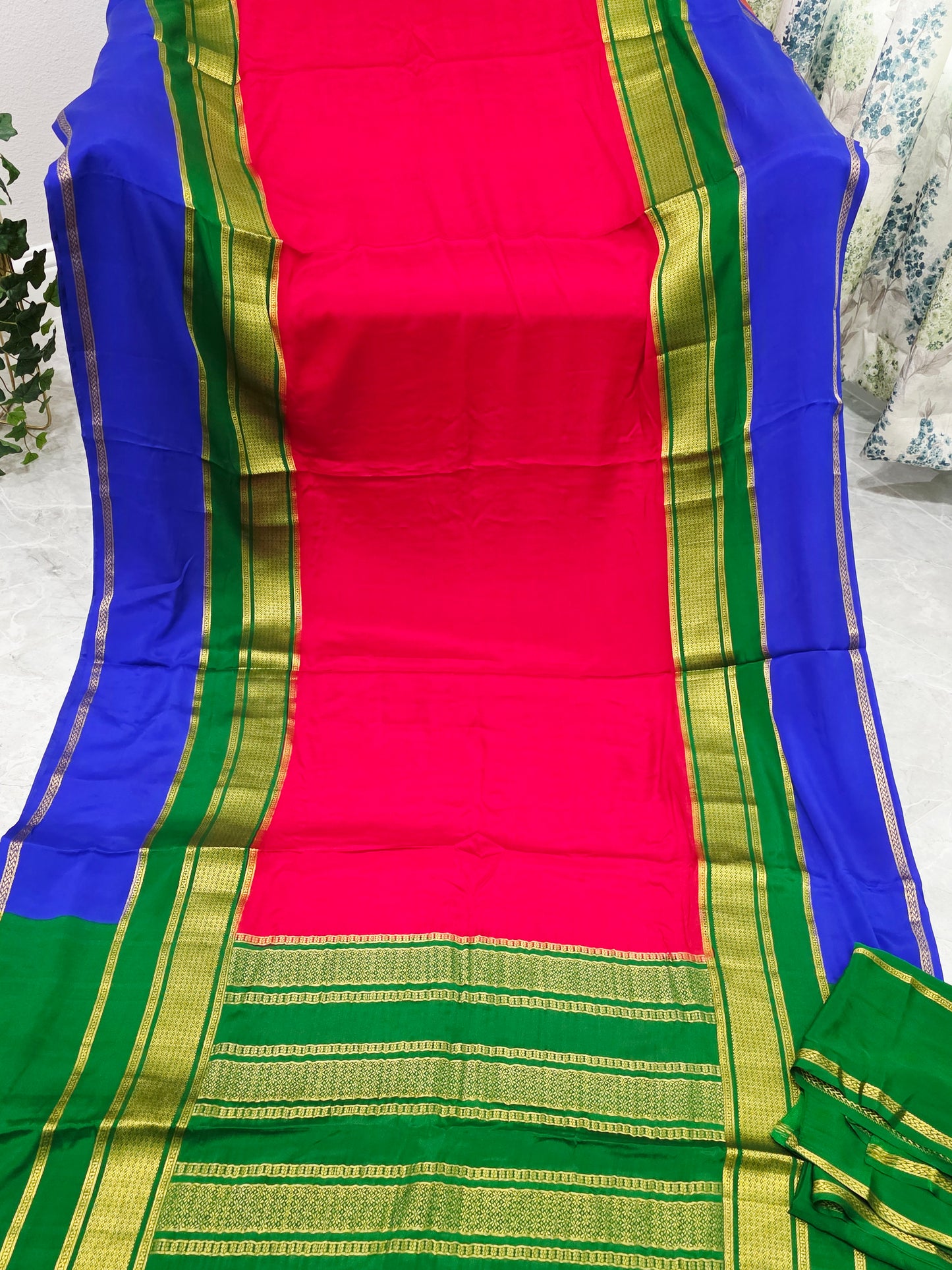 Red, Royal Blue & Emerald Green Pure 120 GSM Mysore Crepe Silk Saree with Unstitched Blouse