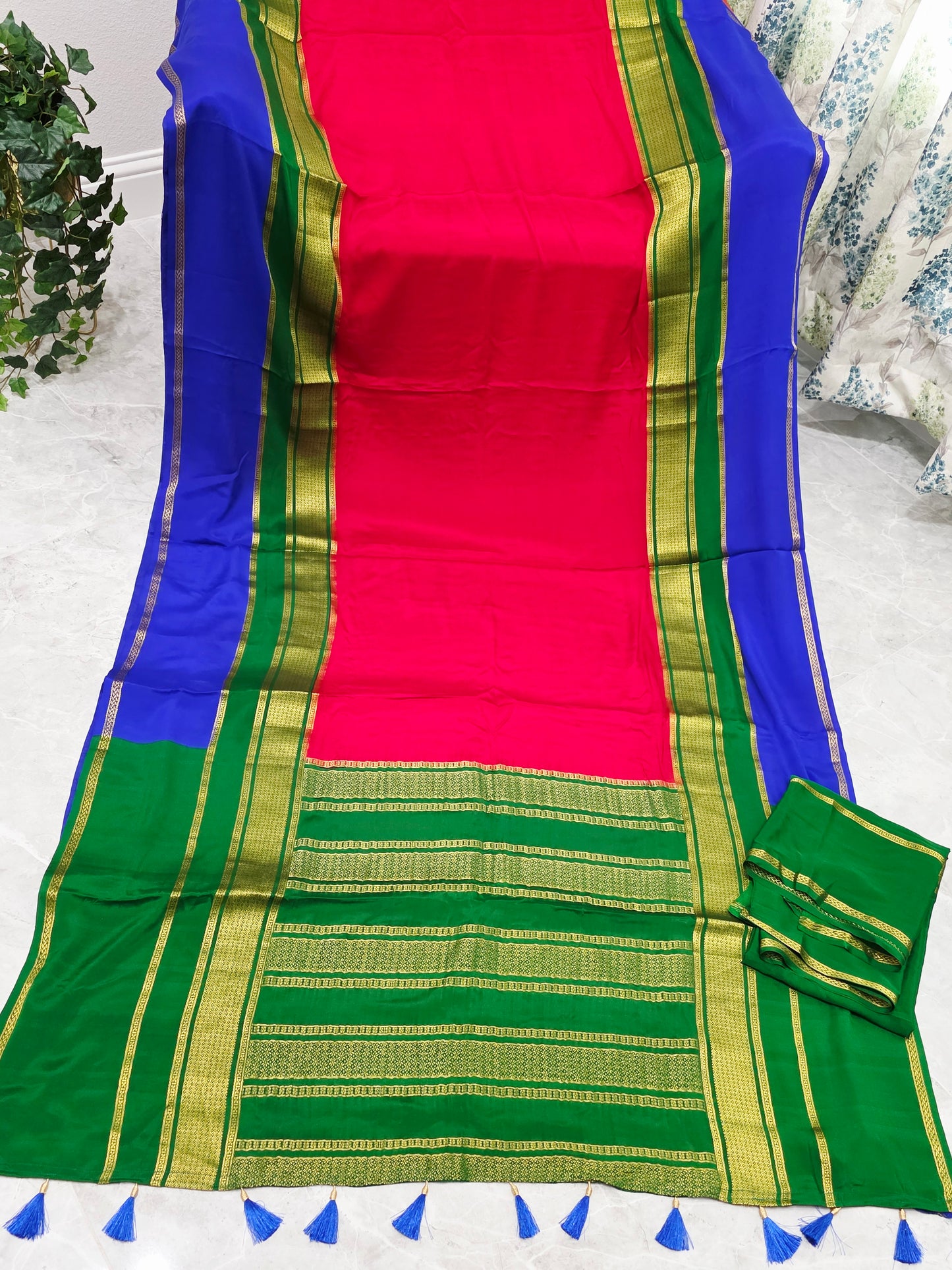 Red, Royal Blue & Emerald Green Pure 120 GSM Mysore Crepe Silk Saree with Unstitched Blouse