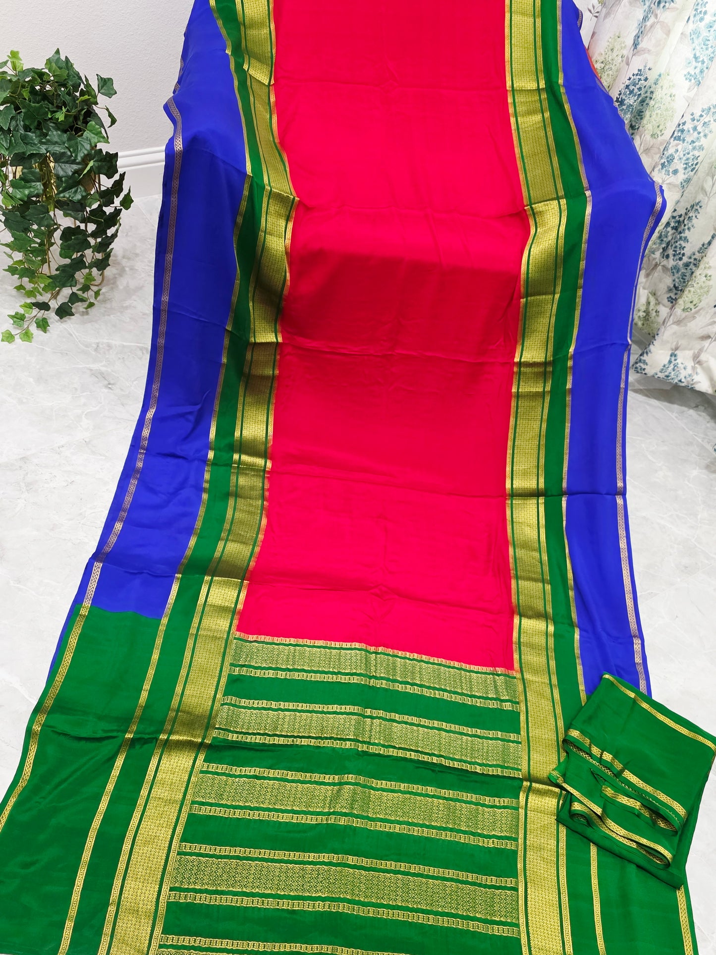 Red, Royal Blue & Emerald Green Pure 120 GSM Mysore Crepe Silk Saree with Unstitched Blouse