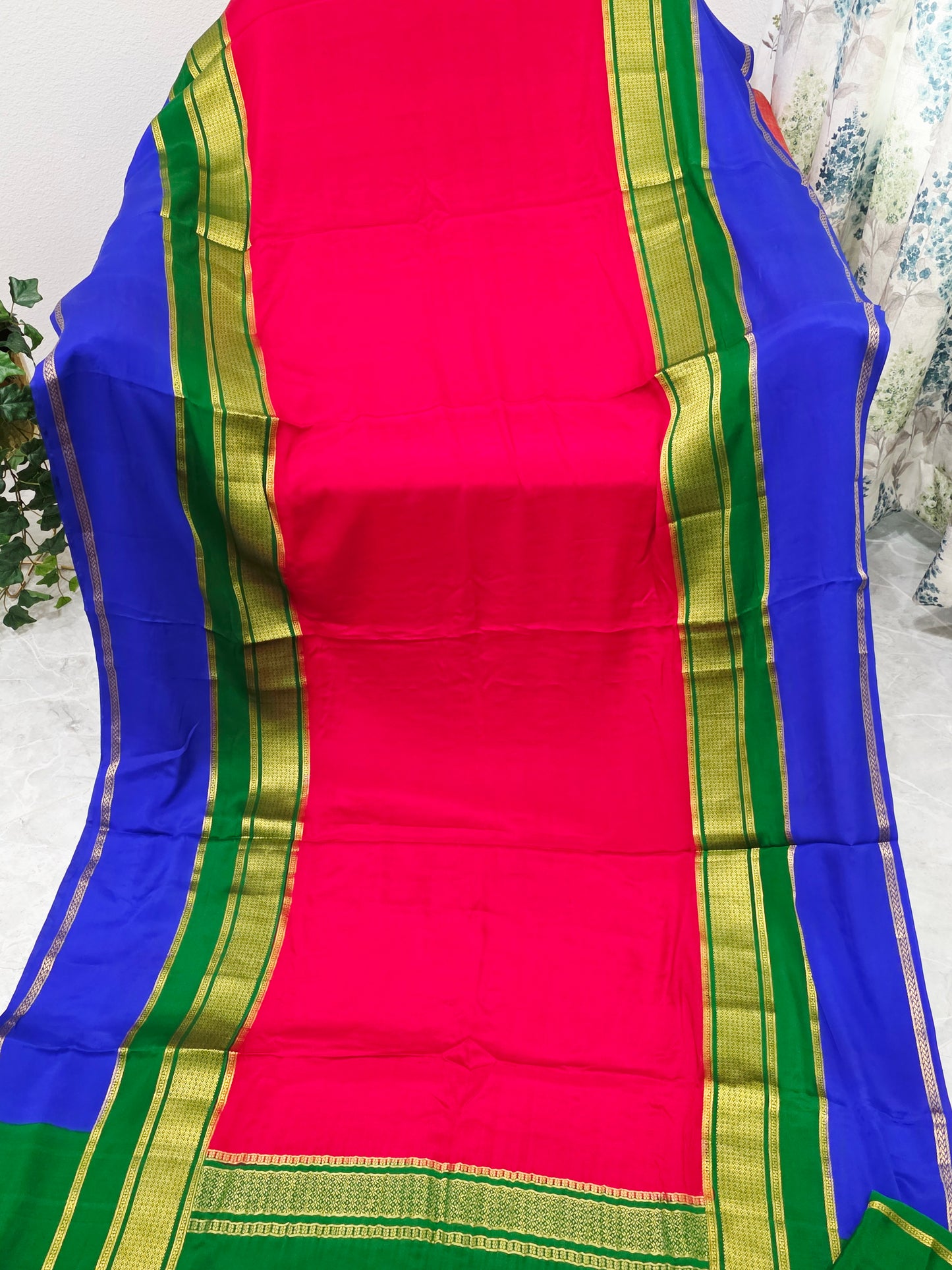 Red, Royal Blue & Emerald Green Pure 120 GSM Mysore Crepe Silk Saree with Unstitched Blouse