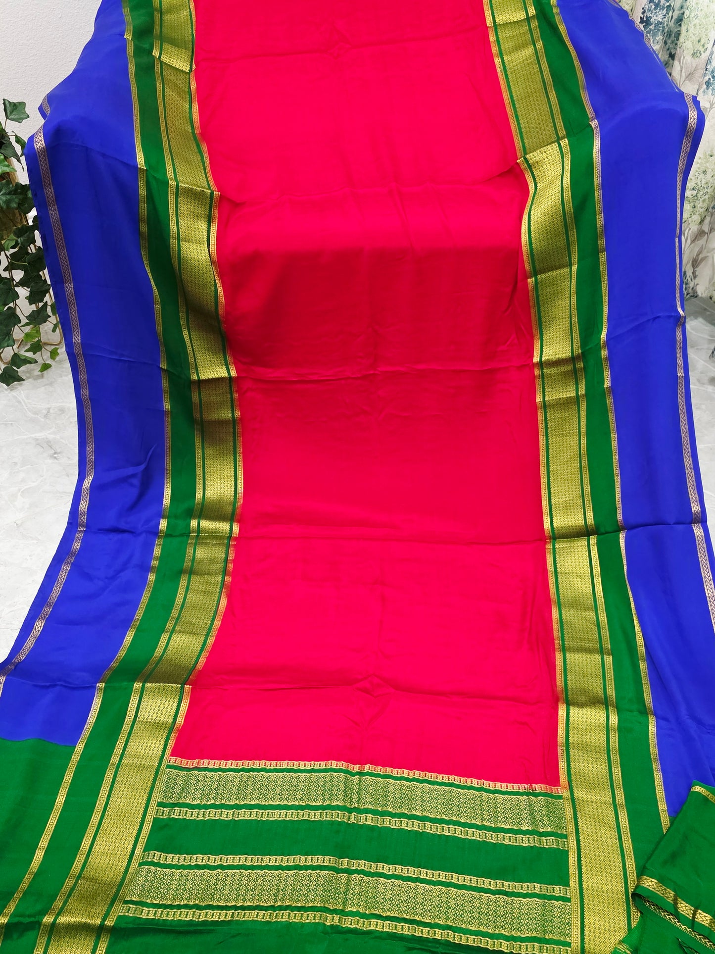 Red, Royal Blue & Emerald Green Pure 120 GSM Mysore Crepe Silk Saree with Unstitched Blouse