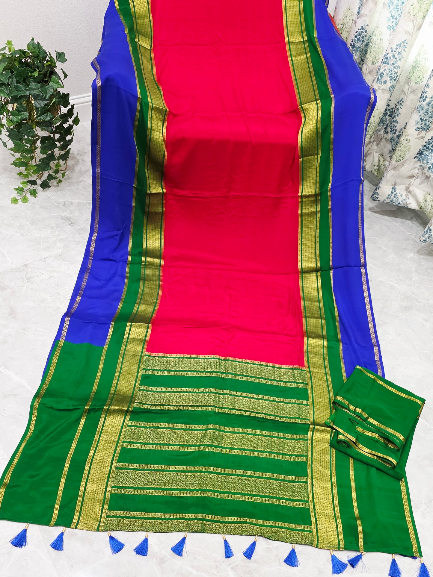 Red, Royal Blue & Emerald Green Pure 120 GSM Mysore Crepe Silk Saree with Unstitched Blouse